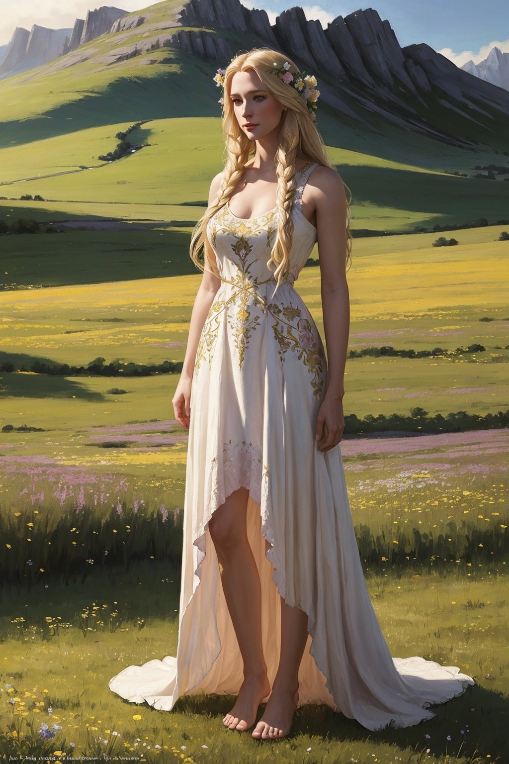 Portrait of a 25-year-old girl with long blonde hair, dressed in a dress made of light material, barefoot, standing in a meadow among flowers, looking at viewer,
 brom's art, depiction of an epic fantasy character, portrait of a character, fantasy art, works by Richard Schmid, A.Mukha, Volegov, impressionism
