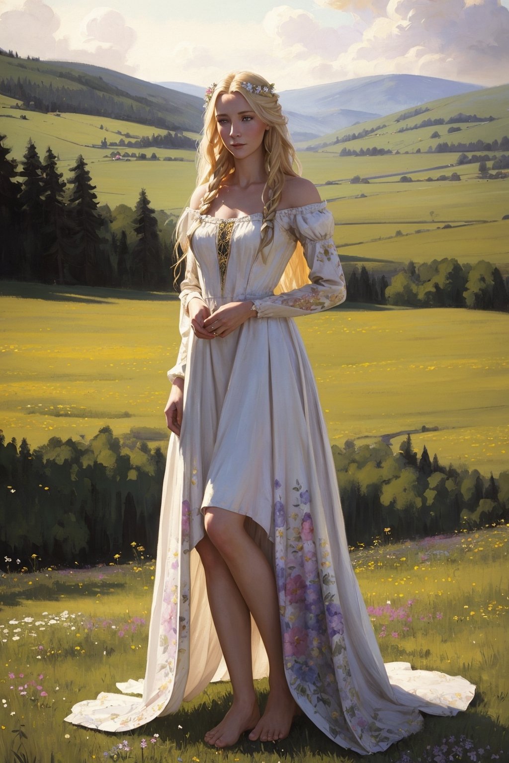 Portrait of a 25-year-old girl with long blonde hair, dressed in a dress made of light material, barefoot, standing in a meadow among flowers, looking away,
 brom's art, depiction of an epic fantasy character, portrait of a character, fantasy art, works by Richard Schmid, A.Mukha, Volegov, impressionism