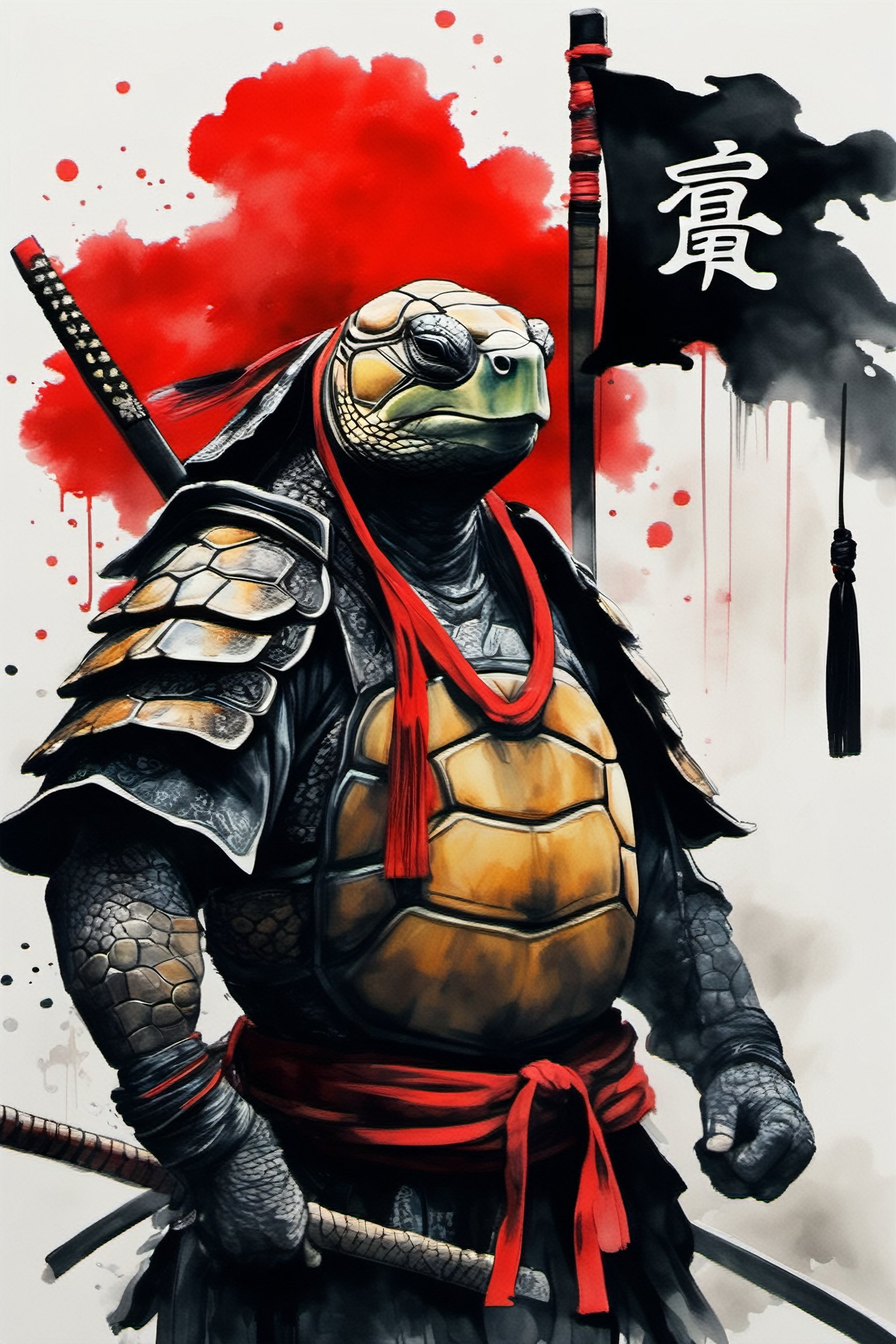 Masterpiece, 8k, dripping paint, chinese ink drawing, 1080P, turtle as a samurai posing for a picture, clan flag in the background