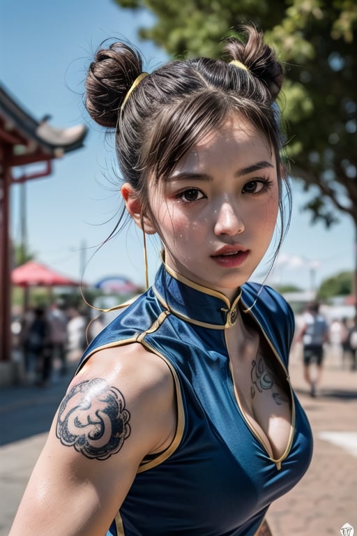 create a hi res 8k masterpiece ultra sharp portrait of a beautiful Korean women age 25, straight messy brown hair, chubby body, medium natural breast, street fighter chun li, tattooed, energetic, serious face, kicking, in theme park, 35mm aperture 2.0, bokeh, bright sunlight camera glare,chunlims,hair bun