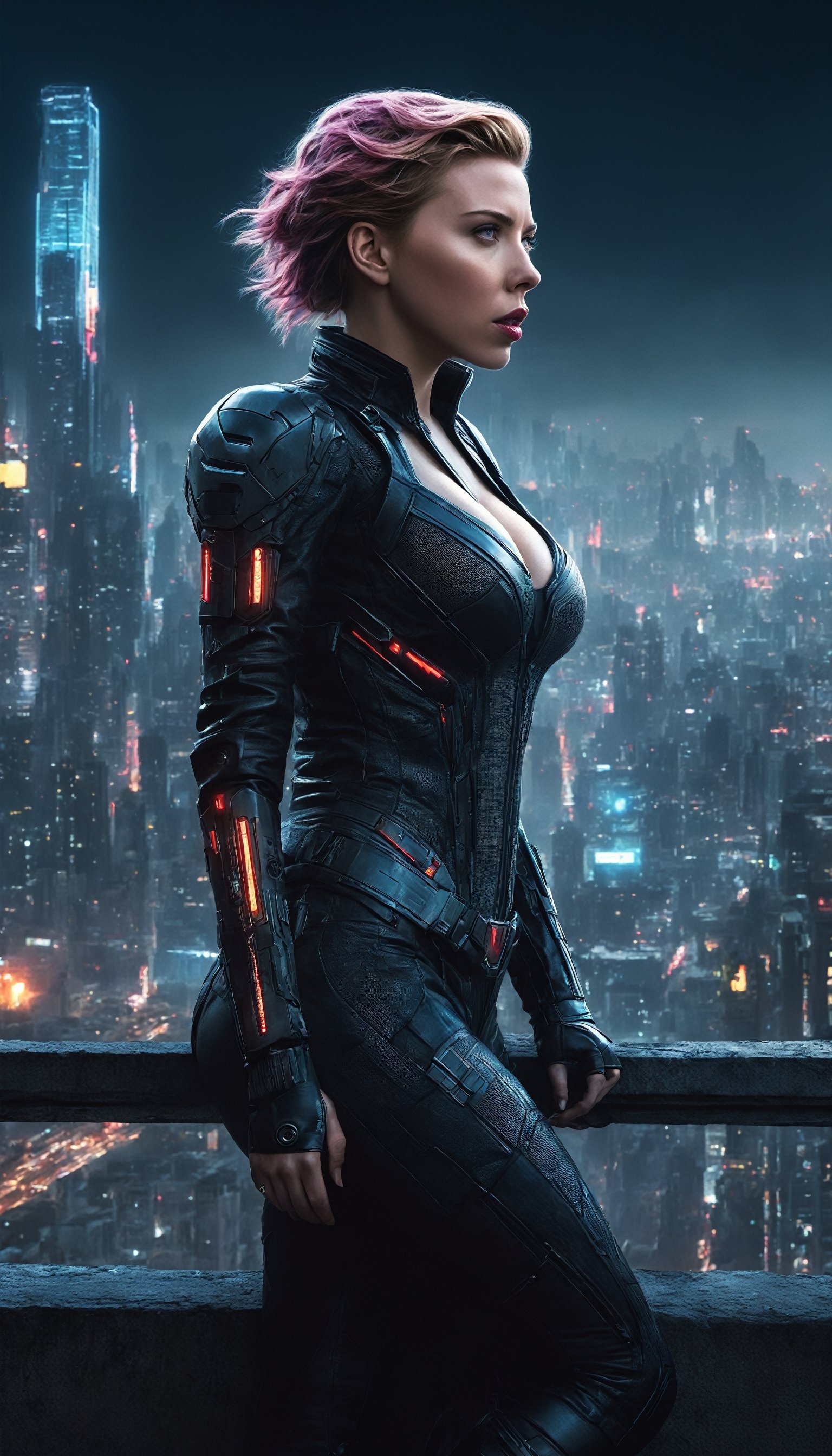 Within a surreal, nanopunk metropolis (perpetual twilight:1.2), Scarlett Johansson takes on the role of a cyberpunk femme fatale. Picture her standing on the ledge of a towering building, her silhouette against the eternal twilight. The scene is a masterpiece of ultra-realism with a dramatic lighting scheme, casting an eerie, underexposed glow. Capture the intricate details of Scarlett's attire and the cyberpunk elements of the cityscape in HDR, creating an image of infinite ultra-resolution image quality.