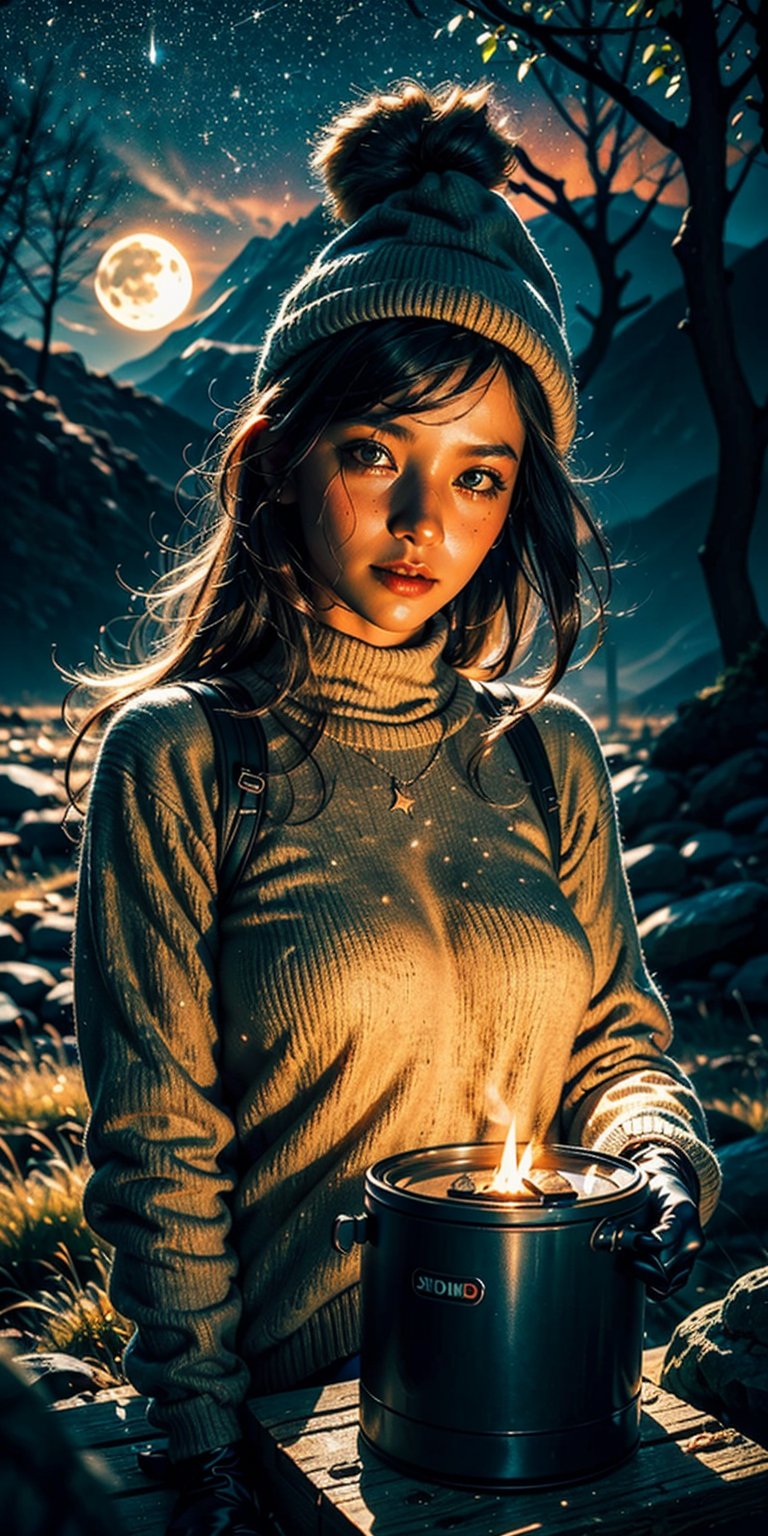 1 woman ((upper body selfie, happy)), masterpiece, best quality, ultra-detailed, solo, outdoors, (night), mountains, nature, (stars, moon) cheerful, happy, backpack, sleeping bag, camping stove, water bottle, mountain boots, gloves, sweater, hat, flashlight, forest, rocks, river, wood, smoke, shadows, contrast, clear sky, analog style (look at viewer:1.2) (skin texture) (film grain:1.3), (warm hue, warm tone:1.2), close up, cinematic light, sidelighting, ultra high res, best shadow, RAW, upper body, wearing pullover