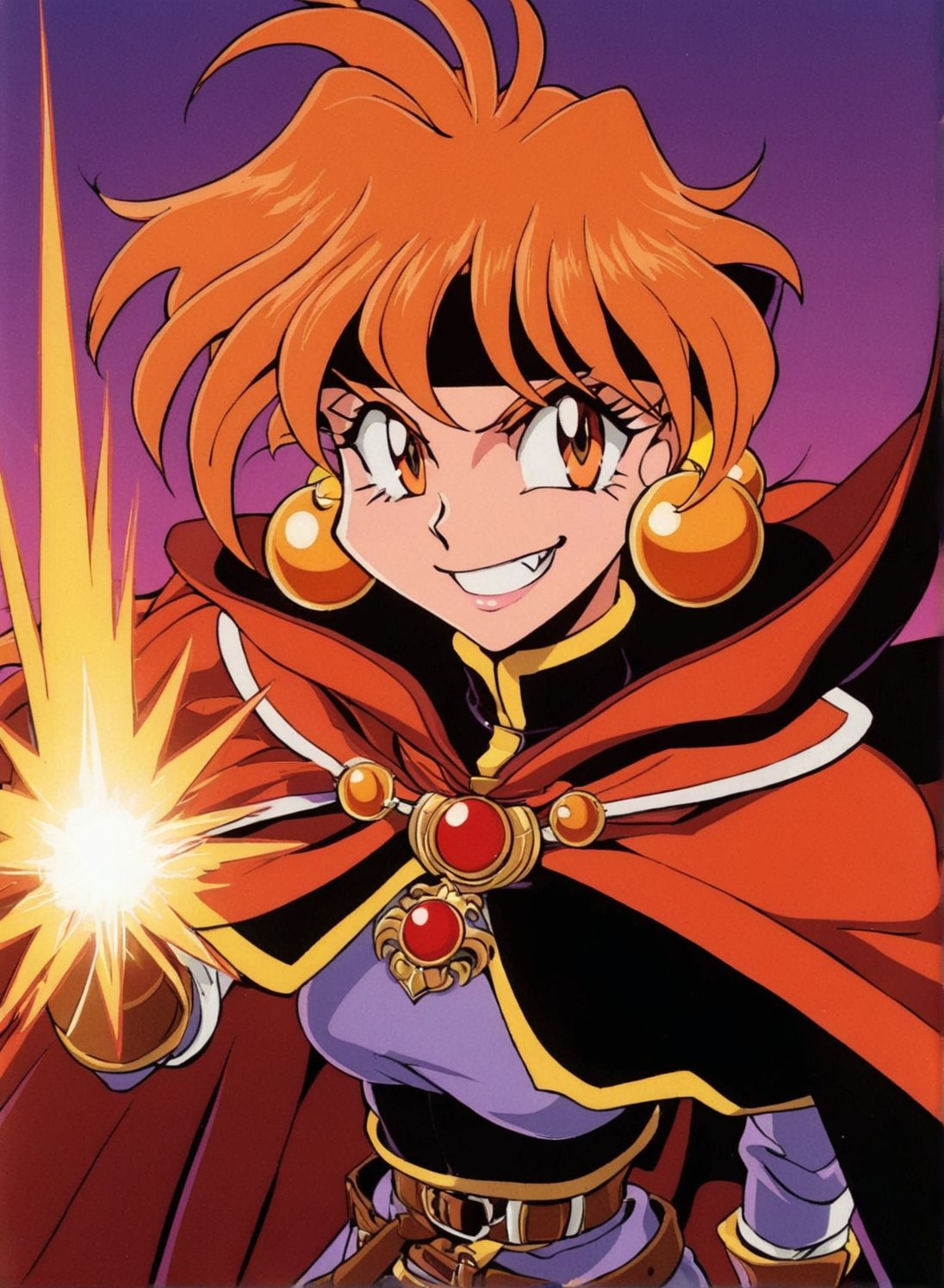 1girl, solo, long hair, smile, orange eyes, gloves, serious, closed mouth, jewelry, cowboy shot, earrings, belt, cape, orange hair, armor, floating hair, fang, headband, magic, shoulder armor, pauldrons, retro artstyle, 1990s \(style\), lina Inverse,


