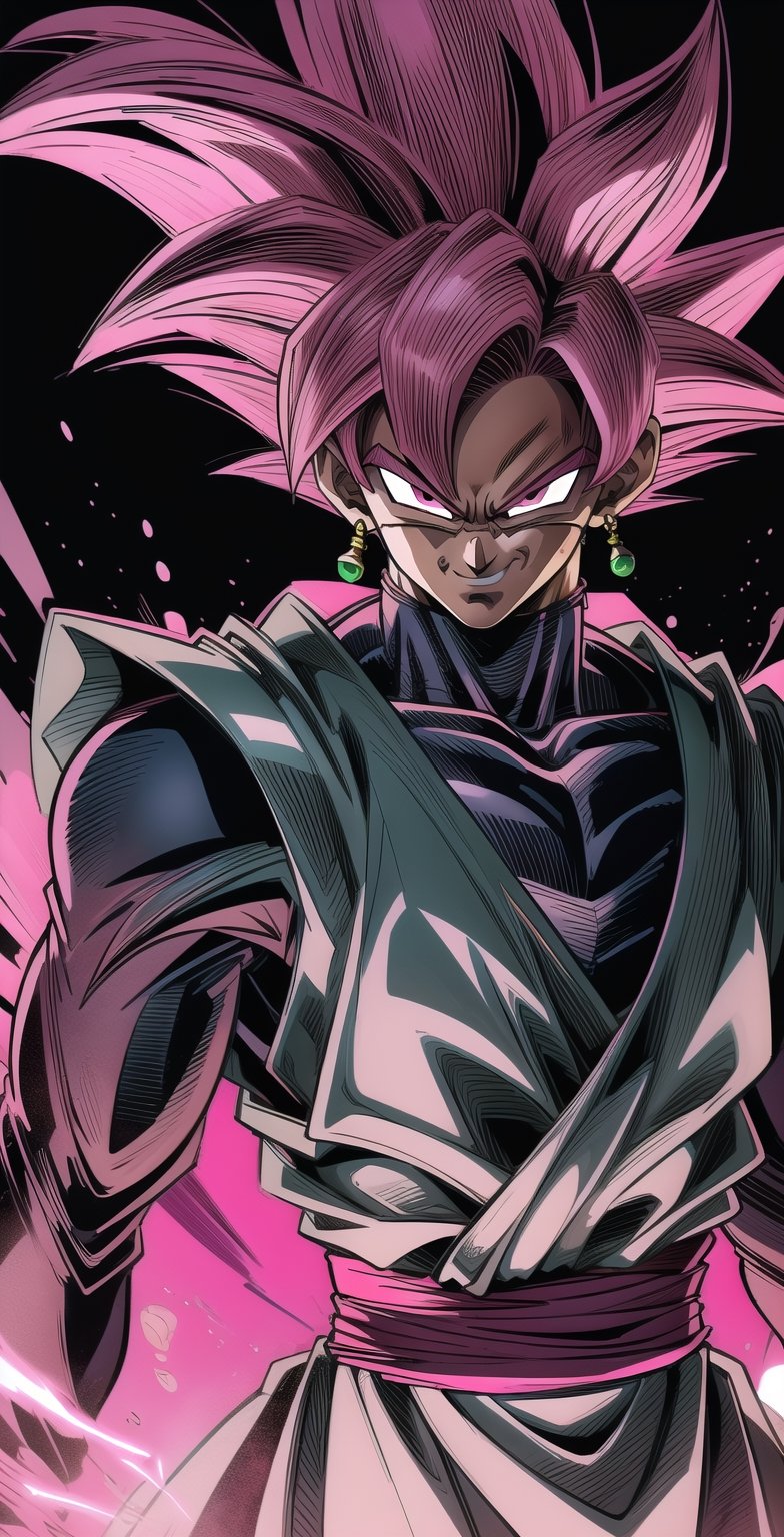 We can visualize the iconic character from the animated series Dragon Ball Super, Black Goku Rose, full power. (Pink hair: 1.9). Perfect pink eyes, with his characteristic black warrior outfit. Flashes of light and electricity colored_pink_and_light_violet surround his entire body, with an extremely cocky appearance, smiling laughter. His ki is immense and mystical in color_pink_and_light_violet. The image quality and details have to be worthy of one of the most famous villain characters in the entire history of this anime and honor him as he deserves. Which reflects the design style and details of the great Akira Toriyama. Face: 1.8, front face, portrait, house background.



(((Male:1.9))),

(Perfect hands),

PNG image format, sharp lines and edges, solid color blocks, 300+ dpi dots per inch, 32k ultra high definition, 530 MP, Fujifilm XT3, cinematic (photorealistic: 1.6), 4D, professional color photos High Definition RAW, Photography, Masterpiece, Realistic, ProRAW, Realism, Photorealism, High Contrast, Digital Art Trending on Artstation Ultra High Definition Detailed Realistic, Detailed, Skin Texture, Hyper Detailed, Realistic Skin Texture, Facial Features , armor, best quality, ultra-high resolution, high resolution, detailed and raw photo, sharp resolution, rich lens colors, hyper-realistic realistic texture, dramatic lighting, unreal trends, ultra-sharp pictorial technique (sharpness, definition and photographic precision), (harmonious contrast, depth and light details), (features, proportions, colors and textures at their highest degree of realism), (blurred background, clean and uncluttered visual aesthetics, sense of depth and dimension, professional and polished appearance of the image), work of beauty and complexity. perfectly symmetrical body. (aesthetic + beautiful + harmonious: 1.5), (ultra detailed face, ultra detailed perfect eyes, ultra detailed mouth, ultra detailed body, ultra detailed perfect hands, ultra detailed clothes, ultra detailed background, ultra detailed landscape: 1.5), Detail_master_XL:0.9,SDXLanime:0.8,LineAniRedmondV2-Lineart-LineAniAF:0.8,EpicAnimeDreamscapeXL:0.8,ManimeSDXL:0.8,Midjourney_Style_Special_Edition_0001:0.8,animeoutlineV4_16:0.8,perfect_light_colors:0.8,SAIYA, Super Saiyan, ROSEV2,yuzu2:0.3,SAIYA_赛亚人:0.8