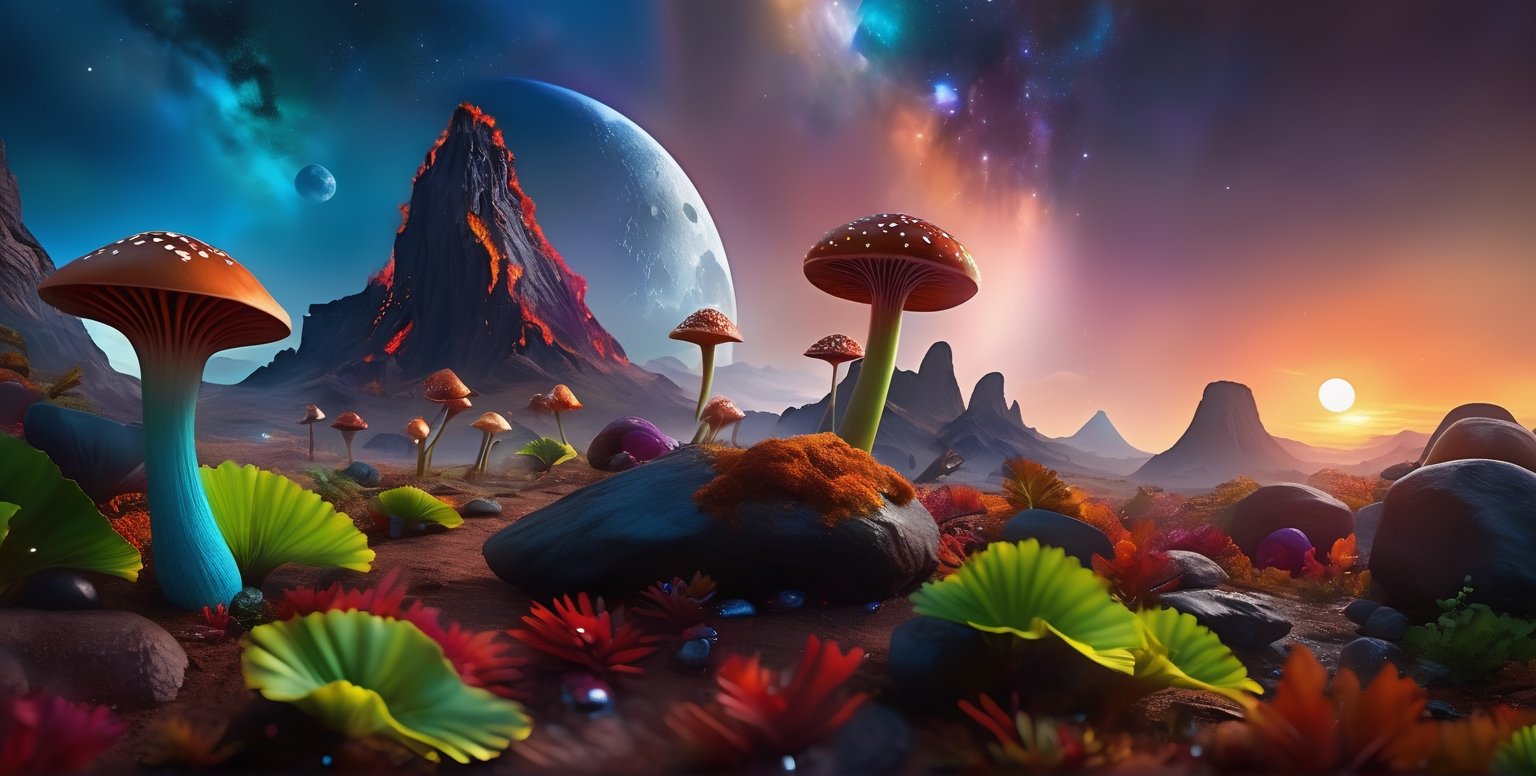 scenery, landscape, sky, sky_space, tree, plant, alien_mushrooms, mushrooms, horror, night, blue_concept, outdoors, cloud, no humans, gems, sunset, rock, volcano,  moon, epic, futuristic, unreal, fantastic, future, fantasy, perfect, hyper detailed, realistic design, real details, reality, Perfect proportions, Strong brightness, intricate details, vibrant colors, detailed shadows, PNG image format, sharp lines and borders, solid blocks of colors, over 300ppp dots per inch, cinematographic, (photorealistic:1.9), High definition RAW color professional photos, photo, masterpiece, realistic, ProRAW, realism, photorealism, high contrast, digital art trending on Artstation ultra high definition detailed realistic, detailed, hyper detailed, realistic texture, best quality, ultra high res, high resolution, detailed, raw photo, sharp re, lens rich colors hyper realistic lifelike texture dramatic lighting unrealengine trending, ultra sharp, (sharpness, definition and photographic precision), (contrast, depth and harmonious light details), (textures at their highest degree of realism), (colors at their highest degree of realism), (proportions at their maximum degree of realism), (features at their highest degree of realism), (blur background, clean and uncluttered visual aesthetics, sense of depth and dimension, professional and polished look of the image), work of beauty and complexity. (aesthetic + beautiful + harmonic:1.5), (ultra detailed background, ultra detailed scenery, ultra detailed landscape:1.5), photographic fidelity and precision, reality, minute detail, clean image, exact image, polished shading, detailed shading, three-dimensional, strong colors, metallic colors, polychromatic tonal scale, wide tonal scale,Landscape,Background,Scenery