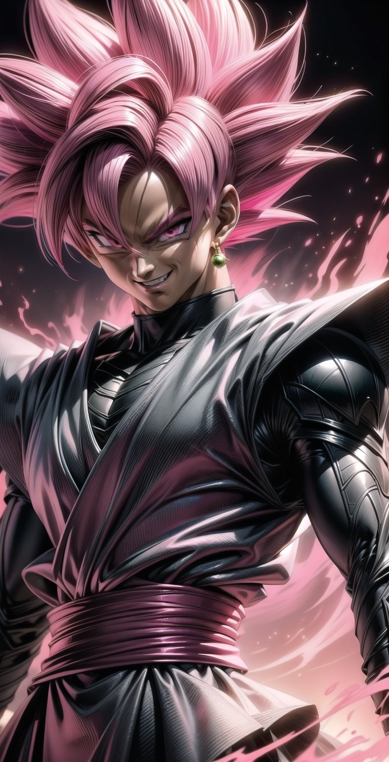 We can visualize the iconic character from the animated series Dragon Ball Super, Black Goku Rose, full power. (Pink hair: 1.9). Perfect pink eyes, with his characteristic black warrior outfit. Flashes of light and electricity colored_pink_and_light_violet surround his entire body, with an extremely cocky appearance, smiling laughter. His ki is immense and mystical in color_pink_and_light_violet. The image quality and details have to be worthy of one of the most famous villain characters in the entire history of this anime and honor him as he deserves. Which reflects the design style and details of the great Akira Toriyama. Face: 1.8, front face, standing, house background.



(((Male:1.9))),

(Perfect hands),

PNG image format, sharp lines and edges, solid color blocks, 300+ dpi dots per inch, 32k ultra high definition, 530 MP, Fujifilm XT3, cinematic (photorealistic: 1.6), 4D, professional color photos High Definition RAW, Photography, Masterpiece, Realistic, ProRAW, Realism, Photorealism, High Contrast, Digital Art Trending on Artstation Ultra High Definition Detailed Realistic, Detailed, Skin Texture, Hyper Detailed, Realistic Skin Texture, Facial Features , armor, best quality, ultra-high resolution, high resolution, detailed and raw photo, sharp resolution, rich lens colors, hyper-realistic realistic texture, dramatic lighting, unreal trends, ultra-sharp pictorial technique (sharpness, definition and photographic precision), (harmonious contrast, depth and light details), (features, proportions, colors and textures at their highest degree of realism), (blurred background, clean and uncluttered visual aesthetics, sense of depth and dimension, professional and polished appearance of the image), work of beauty and complexity. perfectly symmetrical body. (aesthetic + beautiful + harmonious: 1.5), (ultra detailed face, ultra detailed perfect eyes, ultra detailed mouth, ultra detailed body, ultra detailed perfect hands, ultra detailed clothes, ultra detailed background, ultra detailed landscape: 1.5), Detail_master_XL:0.9,SDXLanime:0.8,LineAniRedmondV2-Lineart-LineAniAF:0.8,EpicAnimeDreamscapeXL:0.8,ManimeSDXL:0.8,Midjourney_Style_Special_Edition_0001:0.8,animeoutlineV4_16:0.8,perfect_light_colors:0.8,SAIYA, Super Saiyan, ROSEV2,yuzu2:0.3,SAIYA_赛亚人:0.8