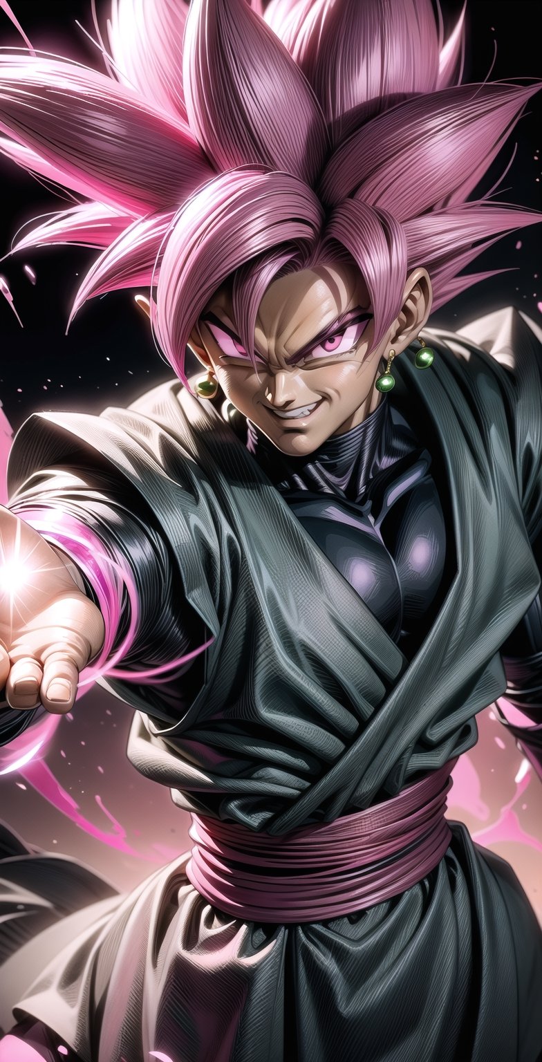We can visualize the iconic character from the animated series Dragon Ball Super, Black Goku Rose, full power. (Pink hair: 1.9). Perfect pink eyes, with his characteristic black warrior outfit. Flashes of light and electricity colored_pink_and_light_violet surround his entire body, with an extremely cocky appearance, smiling laughter. His ki is immense and mystical in color_pink_and_light_violet. It is at the culmination of a great battle for the destruction of the earth. The image quality and details have to be worthy of one of the most famous villain characters in the entire history of this anime and honor him as he deserves. Which reflects the design style and details of the great Akira Toriyama. Full body: 1.8, front face, battlefield background.



(((Male:1.9))),

(Perfect hands),

PNG image format, sharp lines and edges, solid color blocks, 300+ dpi dots per inch, 32k ultra high definition, 530 MP, Fujifilm XT3, cinematic (photorealistic: 1.6), 4D, professional color photos High Definition RAW, Photography, Masterpiece, Realistic, ProRAW, Realism, Photorealism, High Contrast, Digital Art Trending on Artstation Ultra High Definition Detailed Realistic, Detailed, Skin Texture, Hyper Detailed, Realistic Skin Texture, Facial Features , armor, best quality, ultra-high resolution, high resolution, detailed and raw photo, sharp resolution, rich lens colors, hyper-realistic realistic texture, dramatic lighting, unreal trends, ultra-sharp pictorial technique (sharpness, definition and photographic precision), (harmonious contrast, depth and light details), (features, proportions, colors and textures at their highest degree of realism), (blurred background, clean and uncluttered visual aesthetics, sense of depth and dimension, professional and polished appearance of the image), work of beauty and complexity. perfectly symmetrical body. (aesthetic + beautiful + harmonious: 1.5), (ultra detailed face, ultra detailed perfect eyes, ultra detailed mouth, ultra detailed body, ultra detailed perfect hands, ultra detailed clothes, ultra detailed background, ultra detailed landscape: 1.5), Detail_master_XL:0.9,SDXLanime:0.8,LineAniRedmondV2-Lineart-LineAniAF:0.8,EpicAnimeDreamscapeXL:0.8,ManimeSDXL:0.8,Midjourney_Style_Special_Edition_0001:0.8,animeoutlineV4_16:0.8,perfect_light_colors:0.8,SAIYA, Super Saiyan, ROSEV2,yuzu2:0.3,SAIYA_赛亚人:0.8