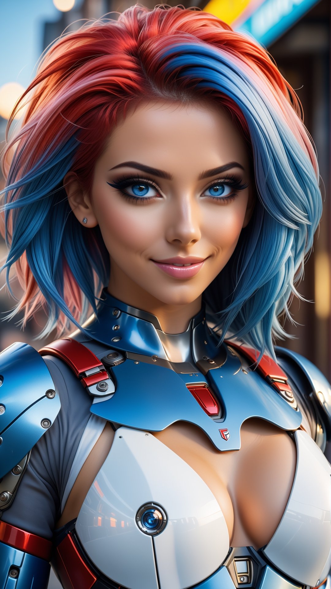 coco lovelock, pornstar, (athletic.1.3), nipples, breasts, medium breasts, (blue eyes, blush, smile, makeup, parted lips, red lips, eyeliner:1.5), (white and blue colors, ultimate mechanical armor:1.9), (full body, standing:1.5), from front, (multicolored_mohawk_hair_style, long crest:1.9), street background.

PNG image format, sharp lines and borders, solid blocks of colors, over 300ppp dots per inch, 32k ultra high definition, 530MP, Fujifilm XT3, cinematographic, (photorealistic:1.6), 4D, High definition RAW color professional photos, photo, masterpiece, realistic, ProRAW, realism, photorealism, high contrast, digital art trending on Artstation ultra high definition detailed realistic, detailed, skin texture, hyper detailed, realistic skin texture, facial features, armature, best quality, ultra high res, high resolution, detailed, raw photo, sharp re, lens rich colors hyper realistic lifelike texture dramatic lighting unrealengine trending, ultra sharp, pictorial technique, (sharpness, definition and photographic precision), (contrast, depth and harmonious light details), (features, proportions, colors and textures at their highest degree of realism), (blur background, clean and uncluttered visual aesthetics, sense of depth and dimension, professional and polished look of the image), work of beauty and complexity. perfectly symmetrical body.

(aesthetic + beautiful + harmonic:1.5), (ultra detailed face, ultra detailed eyes, ultra detailed mouth, ultra detailed body, ultra detailed hands, ultra detailed clothes, ultra detailed background, ultra detailed scenery:1.5),

3d_toon_xl:0.8, JuggerCineXL2:0.9, detail_master_XL:0.9, detailmaster2.0:0.9, perfecteyes-000007:1.3,more detail XL