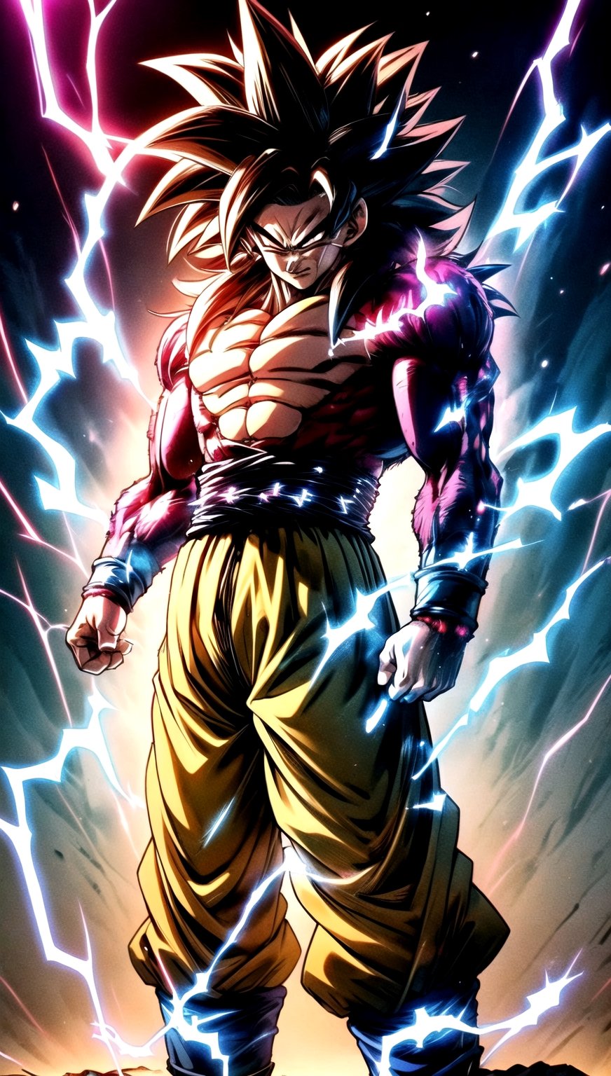 We can visualize the iconic character from the animated series Dragon Ball Z, Goku, in his super saiyan phase 4 full power transformation. Yellow_amber eyes. Flashes of red light and electricity surround his entire body, a reddish glow. smiling, cocky. His ki is immense and mystical, amber yellow in color. His look is wild. It is at the culmination of a great battle for the fate of planet Earth. He is prepared to attack with one of his classic poses. The image quality and details have to be worthy of one of the most famous characters in all of anime history and honor him as he deserves. reflecting the design style and details of the great Akira Toriyama. (electricity:1.9), (reddish backing:1.5), standing, full body.

 



PNG image format, sharp lines and borders, solid blocks of colors, over 300ppp dots per inch, 32k ultra high definition, 530MP, Fujifilm XT3, cinematographic, (anime:1.6), 4D, High definition RAW color professional photos, photo, masterpiece, realistic, ProRAW, realism, photorealism, high contrast, digital art trending on Artstation ultra high definition detailed realistic, detailed, skin texture, hyper detailed, realistic skin texture, facial features, armature, best quality, ultra high res, high resolution, detailed, raw photo, sharp re, lens rich colors hyper realistic lifelike texture dramatic lighting unrealengine trending, ultra sharp, pictorial technique, (sharpness, definition and photographic precision), (contrast, depth and harmonious light details), (features, proportions, colors and textures at their highest degree of realism), (blur background, clean and uncluttered visual aesthetics, sense of depth and dimension, professional and polished look of the image), work of beauty and complexity. perfectly symmetrical body.
(aesthetic + beautiful + harmonic:1.5), (ultra detailed face, ultra detailed eyes, ultra detailed mouth, ultra detailed body, ultra detailed perfect hands, ultra detailed clothes, ultra detailed background, ultra detailed scenery:1.5),



detail_master_XL:0.9,SDXLanime:0.8,LineAniRedmondV2-Lineart-LineAniAF:0.8,EpicAnimeDreamscapeXL:0.8,ManimeSDXL:0.8,Midjourney_Style_Special_Edition_0001:0.8,animeoutlineV4_16:0.8,perfect_light_colors:0.8,SAIYA