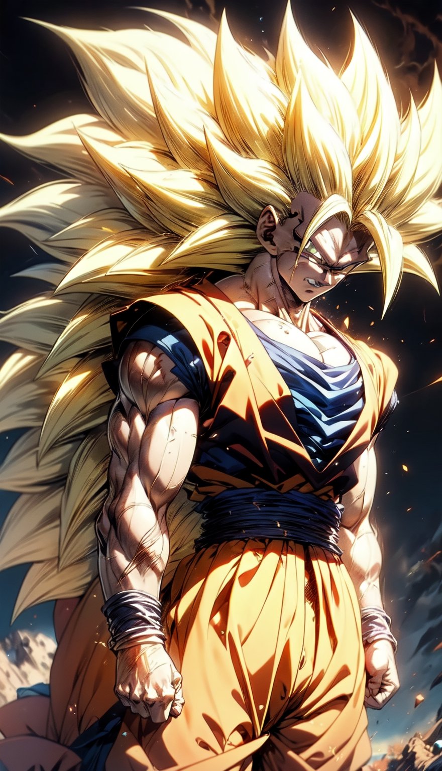 We can visualize the iconic character from the animated series Dragon Ball Z, Goku, in his super saiyan phase 3 transformation. (his extremely long, loose, yellow hair:1.9). (very very long hair:1.9). (without eyebrows, eyebrow alopecia:1.9). (total loss of eyebrow hair:1.9). blue eyes, with his characteristic orange suit. Flashes of light and electricity surround his entire body, a yellow glow. smiling, smug. His ki is immense and mystical. His look is wild. He is at the culmination of a great battle for the fate of planet Earth and you can see his wounded body. The image quality and details have to be worthy of one of the most famous characters in all of anime history and honor him as he deserves. which reflects the design style and details of the great Akira Toriyama. full body



PNG image format, sharp lines and borders, solid blocks of colors, over 300ppp dots per inch, 32k ultra high definition, 530MP, Fujifilm XT3, cinematographic, (anime:1.6), 4D, High definition RAW color professional photos, photo, masterpiece, realistic, ProRAW, realism, photorealism, high contrast, digital art trending on Artstation ultra high definition detailed realistic, detailed, skin texture, hyper detailed, realistic skin texture, facial features, armature, best quality, ultra high res, high resolution, detailed, raw photo, sharp re, lens rich colors hyper realistic lifelike texture dramatic lighting unrealengine trending, ultra sharp, pictorial technique, (sharpness, definition and photographic precision), (contrast, depth and harmonious light details), (features, proportions, colors and textures at their highest degree of realism), (blur background, clean and uncluttered visual aesthetics, sense of depth and dimension, professional and polished look of the image), work of beauty and complexity. perfectly symmetrical body.
(aesthetic + beautiful + harmonic:1.5), (ultra detailed face, ultra detailed perfect eyes, ultra detailed mouth, ultra detailed body, ultra detailed perfect hands, ultra detailed clothes, ultra detailed background, ultra detailed scenery:1.5),



detail_master_XL:0.9,SDXLanime:0.8,LineAniRedmondV2-Lineart-LineAniAF:0.8,EpicAnimeDreamscapeXL:0.8,ManimeSDXL:0.8,Midjourney_Style_Special_Edition_0001:0.8,animeoutlineV4_16:0.8,perfect_light_colors:0.8,SAIYA,Super saiyan 3