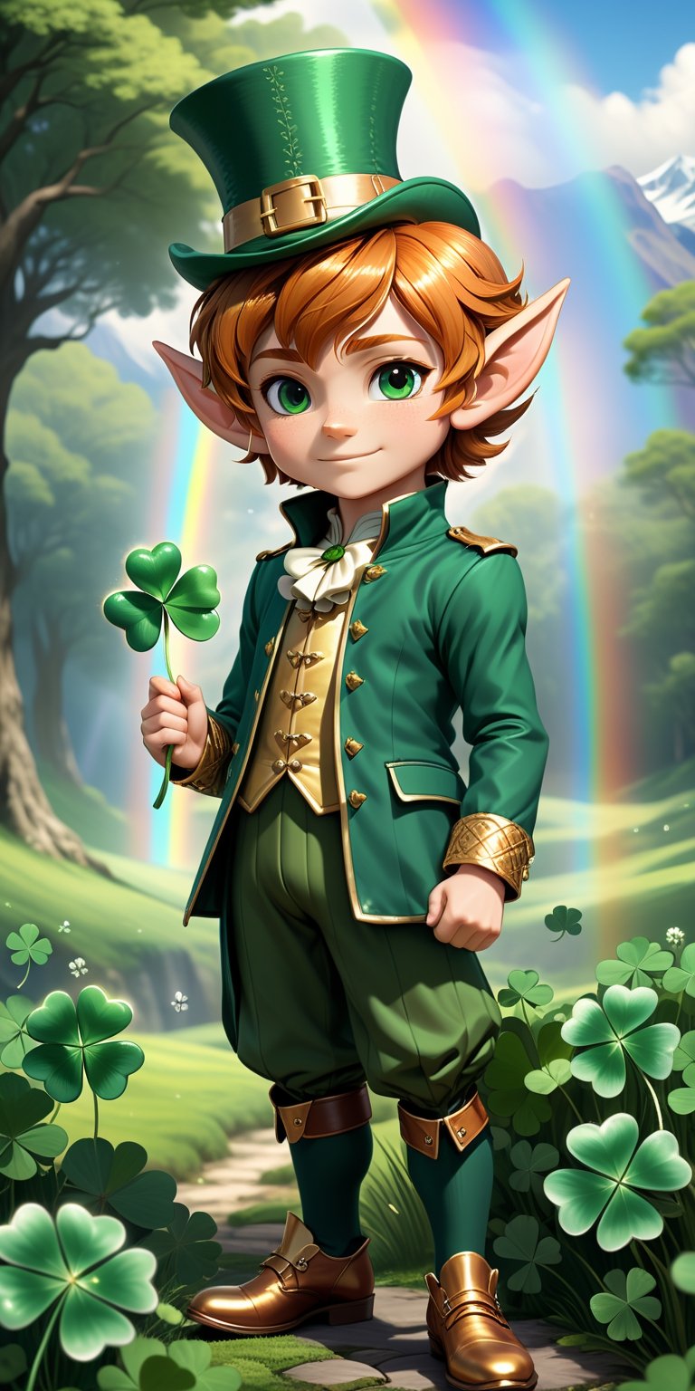 (male:1.9), solo, (((1male_Leprechaun_elf_old_chibi_small:1.9))), (reddish curly hair), (reddish eyebrows, beard and sideburns), fantasy, (St. Patrick's Day Deluxe Costume Set: Bright green jacket, silver buttons, green leggings, large brown shoes with chunky silver buckles, and high-crowned green tricorn hat:1.9), (clay pot full of gold coins, golden horseshoe), (in his right hand holding a four-leaf clover:1.9), perfect face, perfect eyes, perfect_arms, perfect hands, perfect legs, wearing an intricate details, (fields_ireland_rainbow_background:1.9), (((full_body:1.9))).




by Greg Rutkowski, artgerm, Greg Hildebrandt, and Mark Brooks, full body, Full length view, PNG image format, sharp lines and borders, solid blocks of colors, over 300ppp dots per inch, 32k ultra high definition, 530MP, Fujifilm XT3, cinematographic, (photorealistic:1.6), 4D, High definition RAW color professional photos, photo, masterpiece, realistic, ProRAW, realism, photorealism, high contrast, digital art trending on Artstation ultra high definition detailed realistic, detailed, skin texture, hyper detailed, realistic skin texture, facial features, armature, best quality, ultra high res, high resolution, detailed, raw photo, sharp re, lens rich colors hyper realistic lifelike texture dramatic lighting unrealengine trending, ultra sharp, pictorial technique, (sharpness, definition and photographic precision), (contrast, depth and harmonious light details), (features, proportions, colors and textures at their highest degree of realism), (blur background, clean and uncluttered visual aesthetics, sense of depth and dimension, professional and polished look of the image), work of beauty and complexity. perfectly complete symmetrical body.
(aesthetic + beautiful + harmonic:1.5), (ultra detailed face, ultra detailed eyes, ultra detailed mouth, ultra detailed body, ultra detailed hands, ultra detailed clothes, ultra detailed background, ultra detailed scenery:1.5),

3d_toon_xl:0.8, JuggerCineXL2:0.9, detail_master_XL:0.9, detailmaster2.0:0.9, perfecteyes-000007:1.3,more detail XL,SDXLanime:0.8, LineAniRedmondV2-Lineart-LineAniAF:0.8, EpicAnimeDreamscapeXL:0.8, ManimeSDXL:0.8, Midjourney_Style_Special_Edition_0001:0.8, animeoutlineV4_16:0.8, perfect_light_colors:0.8, CuteCartoonAF, Color, multicolor,Extremely Realistic,photo r3al,Stylish