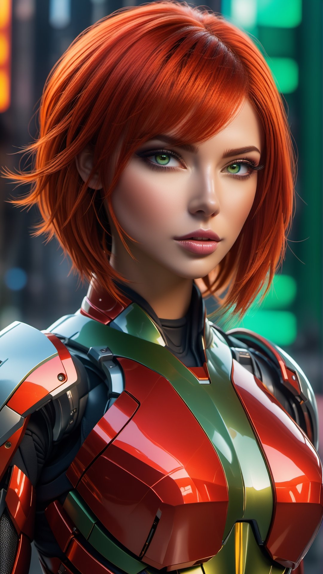 science fiction, 1woman, red short military hair curt, light red eyes, mecha armor sci-fi bodysuits green_platinium color, high-tech cybernetic arms and legs, hig-tech helmet with visor, imposing bust protective armor, full body, epic city futuristic_tech background, neotech,

PNG image format, sharp lines and borders, solid blocks of colors, over 300ppp dots per inch, 32k ultra high definition, 530MP, Fujifilm XT3, cinematographic, (photorealistic:1.6), 4D, High definition RAW color professional photos, photo, masterpiece, realistic, ProRAW, realism, photorealism, high contrast, digital art trending on Artstation ultra high definition detailed realistic, detailed, skin texture, hyper detailed, realistic skin texture, facial features, armature, best quality, ultra high res, high resolution, detailed, raw photo, sharp re, lens rich colors hyper realistic lifelike texture dramatic lighting unrealengine trending, ultra sharp, pictorial technique, (sharpness, definition and photographic precision), (contrast, depth and harmonious light details), (features, proportions, colors and textures at their highest degree of realism), (blur background, clean and uncluttered visual aesthetics, sense of depth and dimension, professional and polished look of the image), work of beauty and complexity. perfectly symmetrical body.

(aesthetic + beautiful + harmonic:1.5), (ultra detailed face, ultra detailed eyes, ultra detailed mouth, ultra detailed body, ultra detailed hands, ultra detailed clothes, ultra detailed background, ultra detailed scenery:1.5),

3d_toon_xl:0.8, JuggerCineXL2:0.9, detail_master_XL:0.9, detailmaster2.0:0.9, perfecteyes-000007:1.3,more detail XL