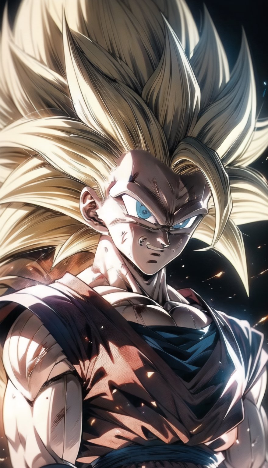 We can visualize the iconic character from the animated series Dragon Ball Z, Goku, in his super saiyan phase 3 transformation. (his extremely long, loose, yellow hair:1.9). (very very long hair:1.9). (without eyebrows, eyebrow alopecia:1.9). (total loss of eyebrow hair:1.9). blue eyes, with his characteristic orange suit. Flashes of light and electricity surround his entire body, a yellow glow. smiling, smug. His ki is immense and mystical. His look is wild. He is at the culmination of a great battle for the fate of planet Earth and you can see his wounded body. The image quality and details have to be worthy of one of the most famous characters in all of anime history and honor him as he deserves. which reflects the design style and details of the great Akira Toriyama. full body



PNG image format, sharp lines and borders, solid blocks of colors, over 300ppp dots per inch, 32k ultra high definition, 530MP, Fujifilm XT3, cinematographic, (anime:1.6), 4D, High definition RAW color professional photos, photo, masterpiece, realistic, ProRAW, realism, photorealism, high contrast, digital art trending on Artstation ultra high definition detailed realistic, detailed, skin texture, hyper detailed, realistic skin texture, facial features, armature, best quality, ultra high res, high resolution, detailed, raw photo, sharp re, lens rich colors hyper realistic lifelike texture dramatic lighting unrealengine trending, ultra sharp, pictorial technique, (sharpness, definition and photographic precision), (contrast, depth and harmonious light details), (features, proportions, colors and textures at their highest degree of realism), (blur background, clean and uncluttered visual aesthetics, sense of depth and dimension, professional and polished look of the image), work of beauty and complexity. perfectly symmetrical body.
(aesthetic + beautiful + harmonic:1.5), (ultra detailed face, ultra detailed perfect eyes, ultra detailed mouth, ultra detailed body, ultra detailed perfect hands, ultra detailed clothes, ultra detailed background, ultra detailed scenery:1.5),



detail_master_XL:0.9,SDXLanime:0.8,LineAniRedmondV2-Lineart-LineAniAF:0.8,EpicAnimeDreamscapeXL:0.8,ManimeSDXL:0.8,Midjourney_Style_Special_Edition_0001:0.8,animeoutlineV4_16:0.8,perfect_light_colors:0.8,SAIYA,Super saiyan 3,yuzu2:0.3