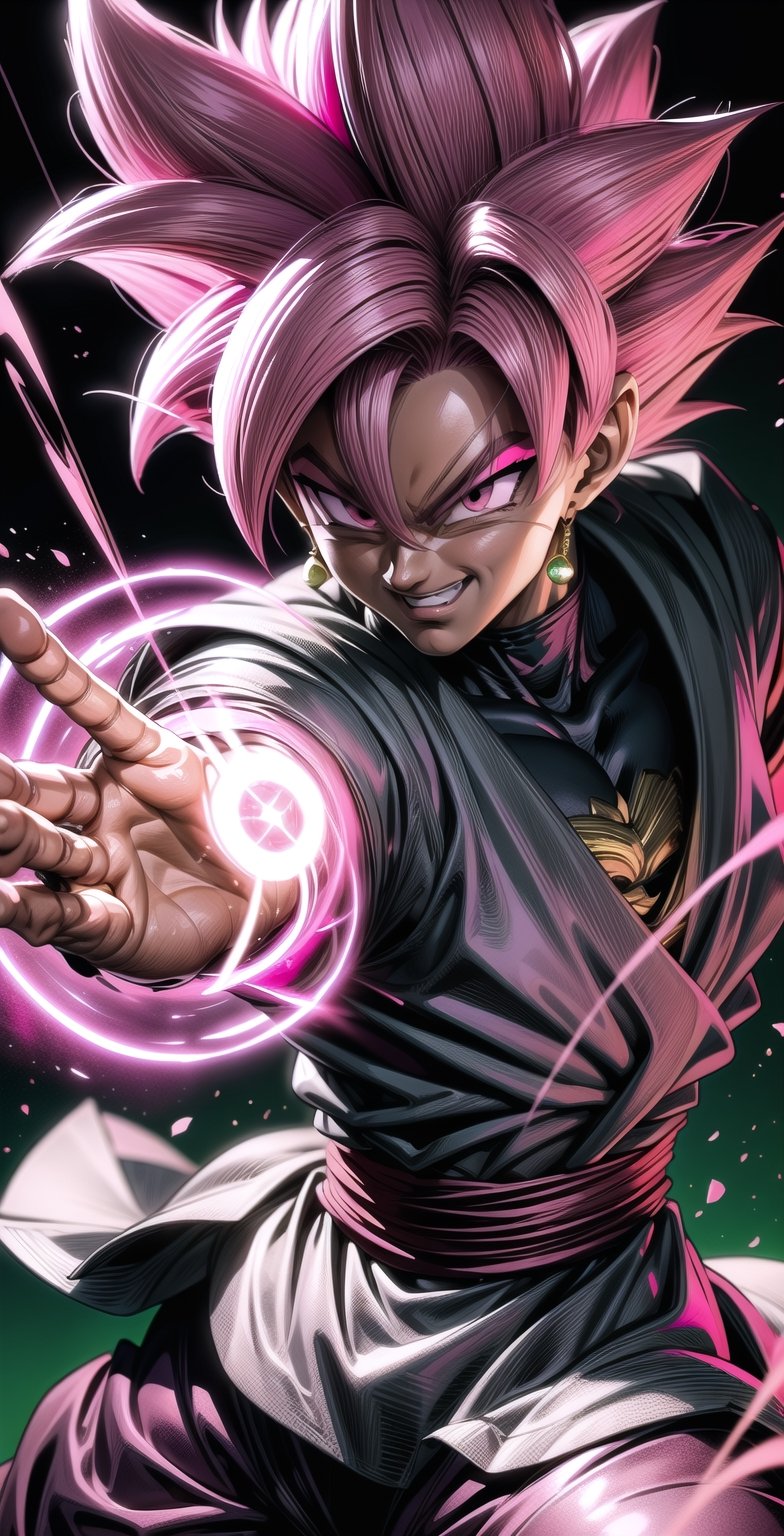 We can visualize the iconic character from the animated series Dragon Ball Super, Black Goku Rose, full power. (Pink hair: 1.9). Perfect pink eyes, with his characteristic black warrior outfit. Flashes of light and electricity colored_pink_and_light_violet surround his entire body, with an extremely cocky appearance, smiling laughter. His ki is immense and mystical in color_pink_and_light_violet. It is at the culmination of a great battle for the destruction of the earth. The image quality and details have to be worthy of one of the most famous villain characters in the entire history of this anime and honor him as he deserves. Which reflects the design style and details of the great Akira Toriyama. Full body: 1.8, front face, battlefield background.

(Perfect hands)

(((Male:1.9))),



PNG image format, sharp lines and edges, solid color blocks, 300+ dpi dots per inch, 32k ultra high definition, 530 MP, Fujifilm XT3, cinematic (photorealistic: 1.6), 4D, professional color photos High Definition RAW, Photography, Masterpiece, Realistic, ProRAW, Realism, Photorealism, High Contrast, Digital Art Trending on Artstation Ultra High Definition Detailed Realistic, Detailed, Skin Texture, Hyper Detailed, Realistic Skin Texture, Facial Features , armor, best quality, ultra-high resolution, high resolution, detailed and raw photo, sharp resolution, rich lens colors, hyper-realistic realistic texture, dramatic lighting, unreal trends, ultra-sharp pictorial technique (sharpness, definition and photographic precision), (harmonious contrast, depth and light details), (features, proportions, colors and textures at their highest degree of realism), (blurred background, clean and uncluttered visual aesthetics, sense of depth and dimension, professional and polished appearance of the image), work of beauty and complexity. perfectly symmetrical body. (aesthetic + beautiful + harmonious: 1.5), (ultra detailed face, ultra detailed perfect eyes, ultra detailed mouth, ultra detailed body, ultra detailed perfect hands, ultra detailed clothes, ultra detailed background, ultra detailed landscape: 1.5), Detail_master_XL:0.9,SDXLanime:0.8,LineAniRedmondV2-Lineart-LineAniAF:0.8,EpicAnimeDreamscapeXL:0.8,ManimeSDXL:0.8,Midjourney_Style_Special_Edition_0001:0.8,animeoutlineV4_16:0.8,perfect_light_colors:0.8,SAIYA, Super Saiyan, ROSEV2,yuzu2:0.3,SAIYA_赛亚人:0.8