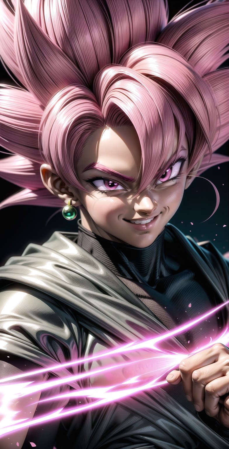 We can visualize the iconic character from the animated series Dragon Ball Super, Black Goku Rose, full power. (Pink hair: 1.9). Perfect pink eyes, with his characteristic black warrior outfit. Flashes of light and electricity colored_pink_and_light_violet surround his entire body, with an extremely cocky appearance, smiling laughter. His ki is immense and mystical in color_pink_and_light_violet. The image quality and details have to be worthy of one of the most famous villain characters in the entire history of this anime and honor him as he deserves. Which reflects the design style and details of the great Akira Toriyama. Face: 1.8, front face, portrait, house background.



(((Male:1.9))),

(Perfect hands),

PNG image format, sharp lines and edges, solid color blocks, 300+ dpi dots per inch, 32k ultra high definition, 530 MP, Fujifilm XT3, cinematic (photorealistic: 1.6), 4D, professional color photos High Definition RAW, Photography, Masterpiece, Realistic, ProRAW, Realism, Photorealism, High Contrast, Digital Art Trending on Artstation Ultra High Definition Detailed Realistic, Detailed, Skin Texture, Hyper Detailed, Realistic Skin Texture, Facial Features , armor, best quality, ultra-high resolution, high resolution, detailed and raw photo, sharp resolution, rich lens colors, hyper-realistic realistic texture, dramatic lighting, unreal trends, ultra-sharp pictorial technique (sharpness, definition and photographic precision), (harmonious contrast, depth and light details), (features, proportions, colors and textures at their highest degree of realism), (blurred background, clean and uncluttered visual aesthetics, sense of depth and dimension, professional and polished appearance of the image), work of beauty and complexity. perfectly symmetrical body. (aesthetic + beautiful + harmonious: 1.5), (ultra detailed face, ultra detailed perfect eyes, ultra detailed mouth, ultra detailed body, ultra detailed perfect hands, ultra detailed clothes, ultra detailed background, ultra detailed landscape: 1.5), Detail_master_XL:0.9,SDXLanime:0.8,LineAniRedmondV2-Lineart-LineAniAF:0.8,EpicAnimeDreamscapeXL:0.8,ManimeSDXL:0.8,Midjourney_Style_Special_Edition_0001:0.8,animeoutlineV4_16:0.8,perfect_light_colors:0.8,SAIYA, Super Saiyan, ROSEV2,yuzu2:0.3,SAIYA_赛亚人:0.8