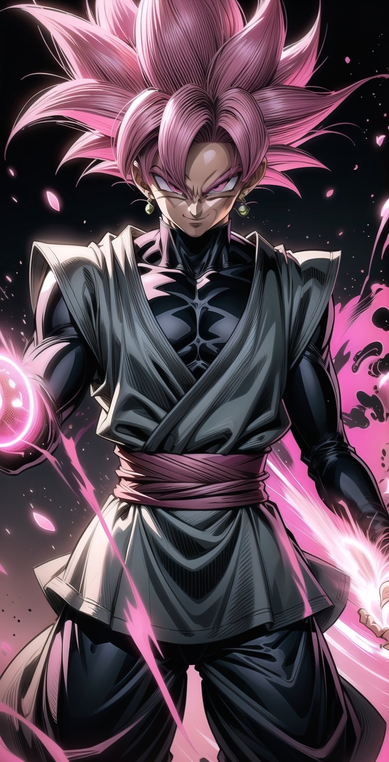 We can visualize the iconic character from the animated series Dragon Ball Super, Black Goku Rose, full power. (Pink hair: 1.9). Perfect pink eyes, with his characteristic black warrior outfit. Flashes of light and electricity colored_pink_and_light_violet surround his entire body, with an extremely cocky appearance, smiling laughter. His ki is immense and mystical in color_pink_and_light_violet. It is at the culmination of a great battle for the destruction of the earth. The image quality and details have to be worthy of one of the most famous villain characters in the entire history of this anime and honor him as he deserves. Which reflects the design style and details of the great Akira Toriyama. Full body: 1.8, front face, battlefield background.



(((Male:1.9))),

(Perfect hands),

PNG image format, sharp lines and edges, solid color blocks, 300+ dpi dots per inch, 32k ultra high definition, 530 MP, Fujifilm XT3, cinematic (photorealistic: 1.6), 4D, professional color photos High Definition RAW, Photography, Masterpiece, Realistic, ProRAW, Realism, Photorealism, High Contrast, Digital Art Trending on Artstation Ultra High Definition Detailed Realistic, Detailed, Skin Texture, Hyper Detailed, Realistic Skin Texture, Facial Features , armor, best quality, ultra-high resolution, high resolution, detailed and raw photo, sharp resolution, rich lens colors, hyper-realistic realistic texture, dramatic lighting, unreal trends, ultra-sharp pictorial technique (sharpness, definition and photographic precision), (harmonious contrast, depth and light details), (features, proportions, colors and textures at their highest degree of realism), (blurred background, clean and uncluttered visual aesthetics, sense of depth and dimension, professional and polished appearance of the image), work of beauty and complexity. perfectly symmetrical body. (aesthetic + beautiful + harmonious: 1.5), (ultra detailed face, ultra detailed perfect eyes, ultra detailed mouth, ultra detailed body, ultra detailed perfect hands, ultra detailed clothes, ultra detailed background, ultra detailed landscape: 1.5), Detail_master_XL:0.9,SDXLanime:0.8,LineAniRedmondV2-Lineart-LineAniAF:0.8,EpicAnimeDreamscapeXL:0.8,ManimeSDXL:0.8,Midjourney_Style_Special_Edition_0001:0.8,animeoutlineV4_16:0.8,perfect_light_colors:0.8,SAIYA, Super Saiyan, ROSEV2,yuzu2:0.3,SAIYA_赛亚人:0.8