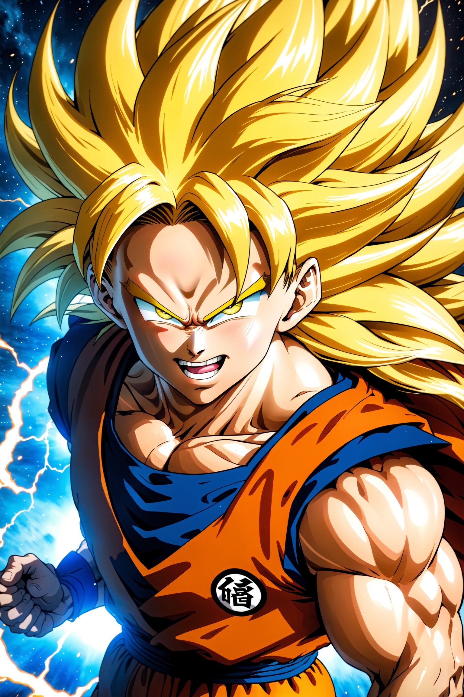 We can visualize the iconic character from the animated series Dragon Ball Z, Goku, in his super saiyan phase 3 transformation. (his extremely long, loose, yellow hair:1.9). (very very long hair:1.9). (without eyebrows, eyebrow alopecia:1.9). (total loss of eyebrow hair:1.9). blue eyes, with his characteristic orange suit. Flashes of light and electricity surround his entire body, a yellow glow. smiling, smug. His ki is immense and mystical. His look is wild. He is at the culmination of a great battle for the fate of planet Earth and you can see his wounded body. He is prepared to attack with one of his classic poses. The image quality and details have to be worthy of one of the most famous characters in all of anime history and honor him as he deserves. which reflects the design style and details of the great Akira Toriyama.


athletic body. perfect hands and arms. perfectly detailed, defined and symmetrical eyes. highly detailed skin, textured skin, definite body features, detailed shadows, narrow waist. incredible face detail.
pronounced forehead without eyebrows and enormous hair that reaches almost to the feet. wild and imposing appearance.

16k, masterpiece, best quality, 2D, Extremely detailed, voluminetric lighting, anime, cartoon


clothing,Zombie,lineart,Anime ,3d toon style,line anime,more detail XL,SDXLanime:0.8,LineAniRedmondV2-Lineart-LineAniAF:0.8,EpicAnimeDreamscapeXL:0.8,ManimeSDXL:0.8,Midjourney_Style_Special_Edition_0001:0.8,animeoutlineV4_16:0.8,perfect_light_colors:0.8,LineAniAF,CuteCartoonAF,Color,multicolor,anime style,anime,Movie Still