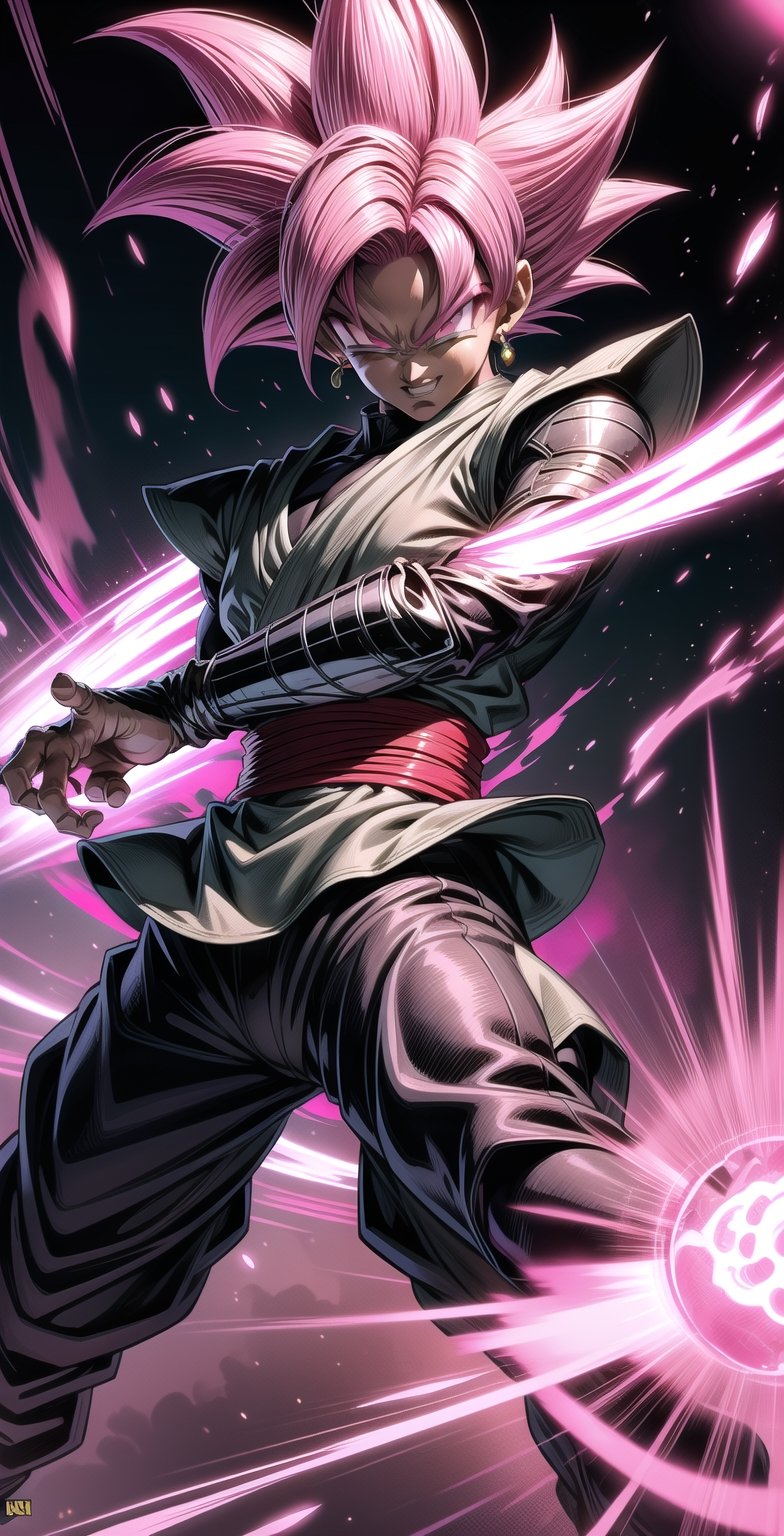 We can visualize the iconic character from the animated series Dragon Ball Super, Black Goku Rose, full power. (Pink hair: 1.9). Perfect pink eyes, with his characteristic black warrior outfit. Flashes of light and electricity colored_pink_and_light_violet surround his entire body, with an extremely cocky appearance, smiling laughter. His ki is immense and mystical in color_pink_and_light_violet. It is at the culmination of a great battle for the destruction of the earth. The image quality and details have to be worthy of one of the most famous villain characters in the entire history of this anime and honor him as he deserves. Which reflects the design style and details of the great Akira Toriyama. Full body: 1.8, front face, battlefield background.



(((Male:1.9))),

(Perfect hands),

PNG image format, sharp lines and edges, solid color blocks, 300+ dpi dots per inch, 32k ultra high definition, 530 MP, Fujifilm XT3, cinematic (photorealistic: 1.6), 4D, professional color photos High Definition RAW, Photography, Masterpiece, Realistic, ProRAW, Realism, Photorealism, High Contrast, Digital Art Trending on Artstation Ultra High Definition Detailed Realistic, Detailed, Skin Texture, Hyper Detailed, Realistic Skin Texture, Facial Features , armor, best quality, ultra-high resolution, high resolution, detailed and raw photo, sharp resolution, rich lens colors, hyper-realistic realistic texture, dramatic lighting, unreal trends, ultra-sharp pictorial technique (sharpness, definition and photographic precision), (harmonious contrast, depth and light details), (features, proportions, colors and textures at their highest degree of realism), (blurred background, clean and uncluttered visual aesthetics, sense of depth and dimension, professional and polished appearance of the image), work of beauty and complexity. perfectly symmetrical body. (aesthetic + beautiful + harmonious: 1.5), (ultra detailed face, ultra detailed perfect eyes, ultra detailed mouth, ultra detailed body, ultra detailed perfect hands, ultra detailed clothes, ultra detailed background, ultra detailed landscape: 1.5), Detail_master_XL:0.9,SDXLanime:0.8,LineAniRedmondV2-Lineart-LineAniAF:0.8,EpicAnimeDreamscapeXL:0.8,ManimeSDXL:0.8,Midjourney_Style_Special_Edition_0001:0.8,animeoutlineV4_16:0.8,perfect_light_colors:0.8,SAIYA, Super Saiyan, ROSEV2,yuzu2:0.3,SAIYA_赛亚人:0.8