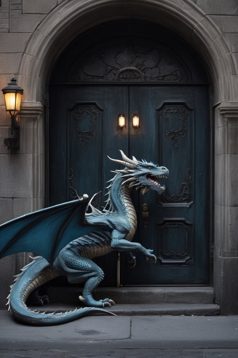 Photorealistic dragon, door-to-door deliveries, urban setting, intricate details, realistic lighting, cityscape background, seamless integration of fantasy and reality, lifelike portrayal, everyday scenes with a touch of magic 