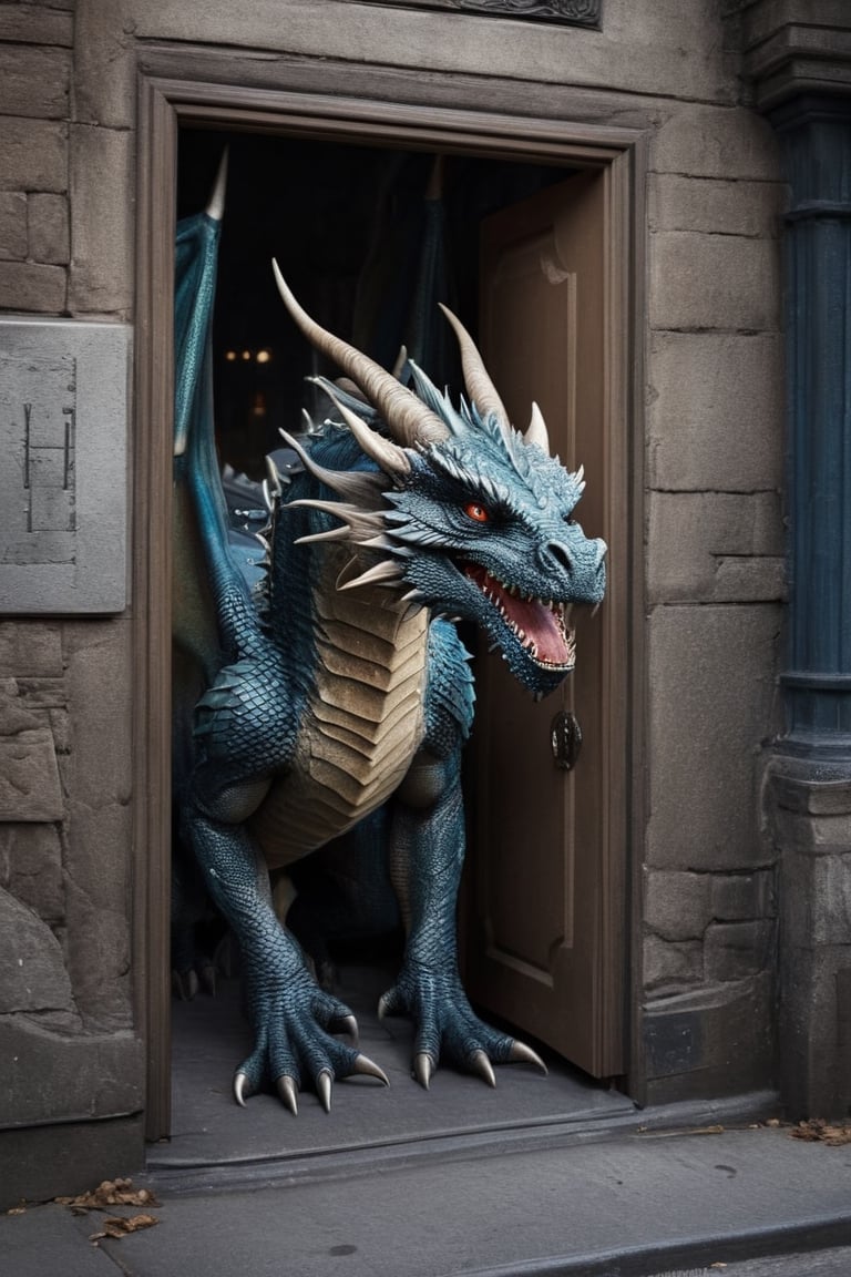 Photorealistic dragon, door-to-door deliveries, urban setting, intricate details, realistic lighting, cityscape background, seamless integration of fantasy and reality, lifelike portrayal, everyday scenes with a touch of magic 