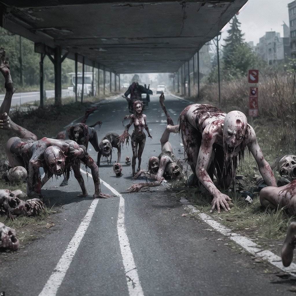  the relentless pursuit of the undead in a decaying world as zombies sprint down a highway, their grotesque figures contrasting with the melancholic remnants of the past