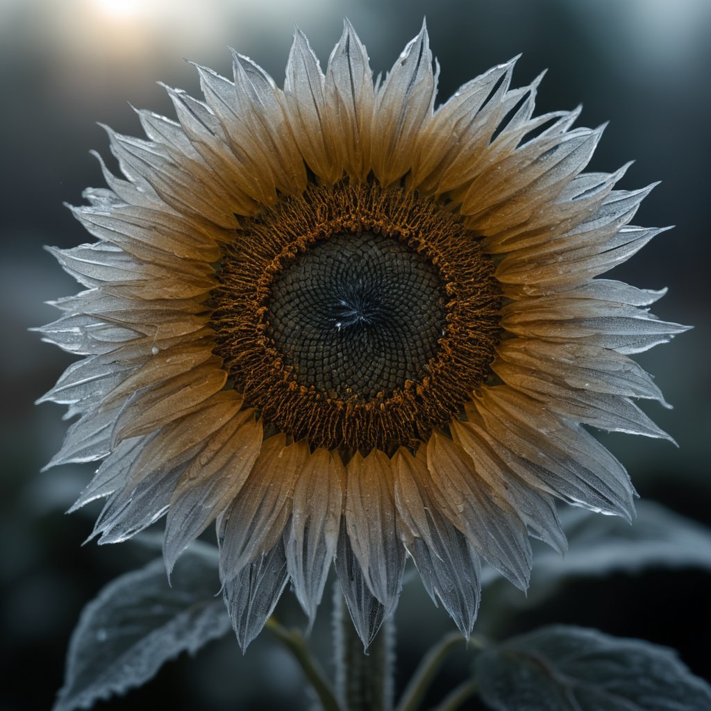 raw photo of  a frozen sunflower, covered with feather frost patterns, mist and dripping water, macro photography,  rim light, specular reflections, Global illumination, photorealistic, ultra realistic, highly detailed, masterpiece, antialiased, sharp, 50 ISO, f/8, black lagoon
