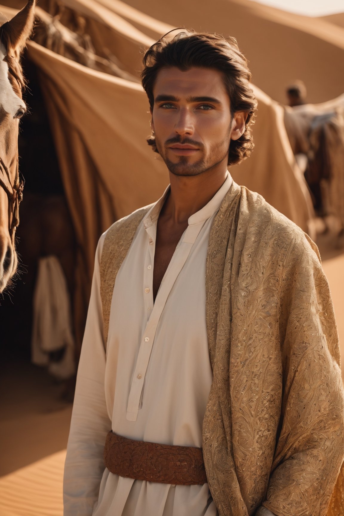 A men portrait, men pick long nife, detailed, a stall wearing, detailed fabric, all around desert, desert vibe, cinematic shot, golden hour, 