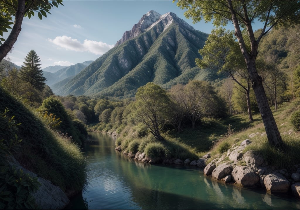 photorealistic, best quality, ultra-high resolution, 16k, UHD, DSLR, soft lighting, intricate details, best quality, film grain, Sony s7III, realistic, long shot, vast angle, full shot, springtime, vast sabana, the colorful mountains with a river, colorful jungle leaves trees, 3d rendering, rugged mountain, forest, and mountains as outdoor background, Masterpiece, photorealistic, more detail XL, Extremely Realistic, scenery, Masterpiece, photorealistic, more detail XL, Extremely Realistic, scenery, cinematic style
