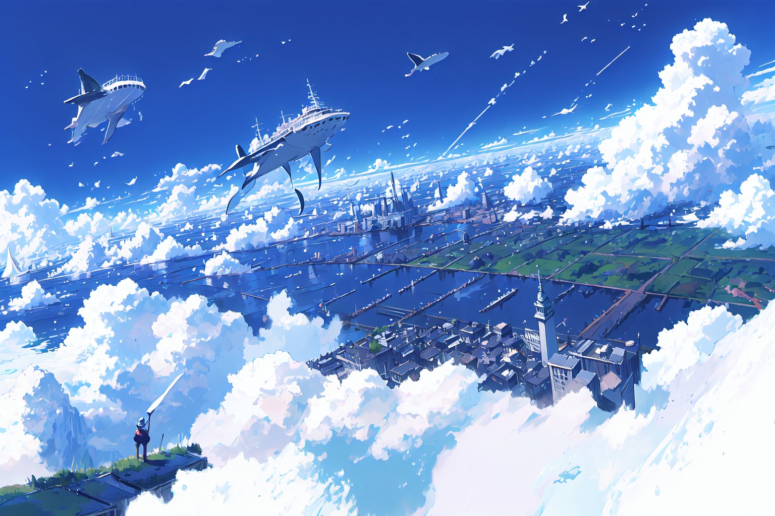  above the clouds , distant, flying whales,flying ships
