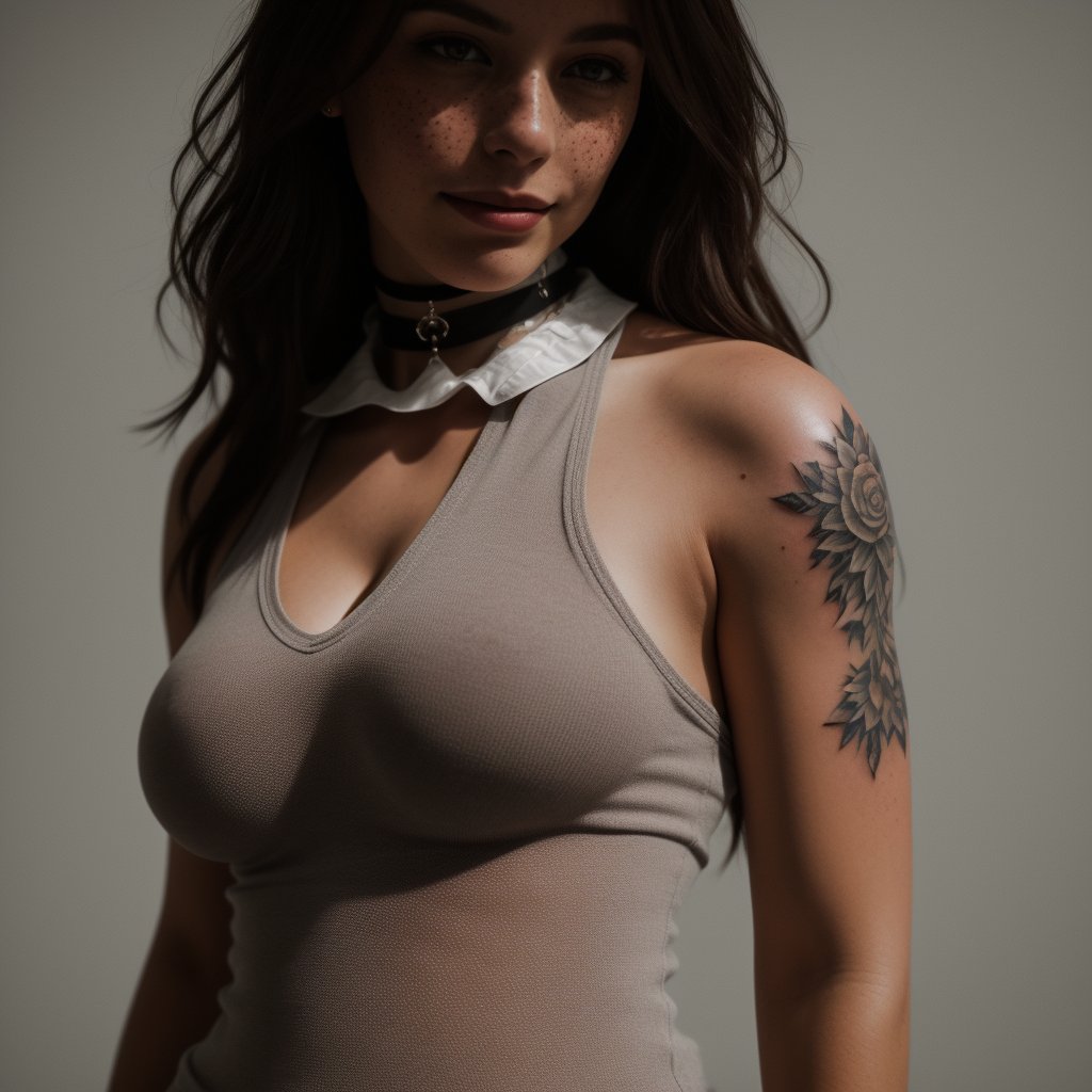 photo, rule of thirds, dramatic lighting, ((full body shot)), medium hair, detailed face, detailed nose, ((busty woman)) wearing tank top, freckles, collar or choker, smirk, tattoo, intricate background ,realism,realistic,raw,analog,woman,portrait,photorealistic,analog,realism
