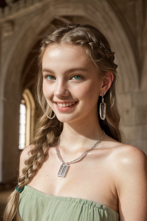 An 18 yr old extremely attractive girl,  (pale white skin),  (perfect light green eyes),  (long double braided dark blond hair),  ((european teen), cute smile, soothing tones,  muted colors,  high contrast,  (natural skin texture,  hyperrealism,  soft light,  sharp),  (see-through:1.1),  strapless sexy summer dress,  jewel necklace,  silver earrings, ((old castle interior))
