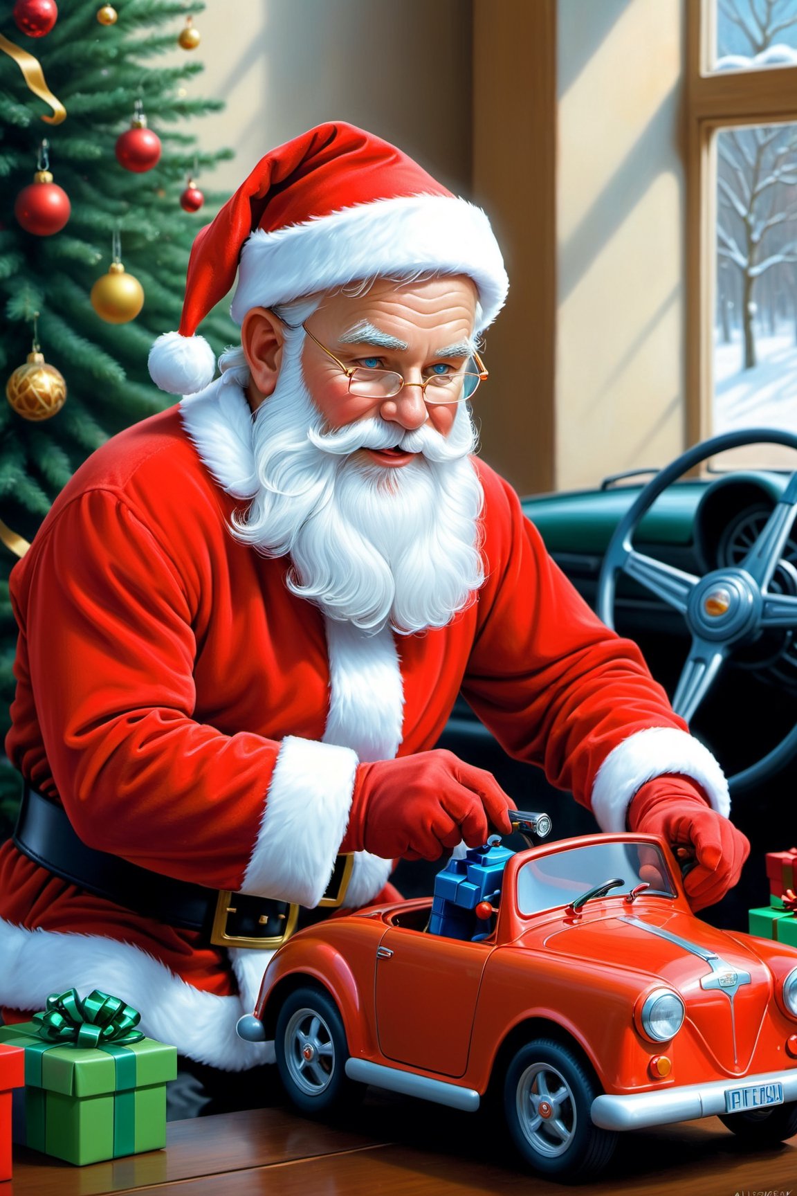 a santa claus is working on a toy car, by Alexander Kucharsky, tumblr, photorealism, beautiful!!! digital art, ffffound, a middle aged elf, very beautiful digital art, photo pinterest, sweet, giving gifts to people, happy, sad
