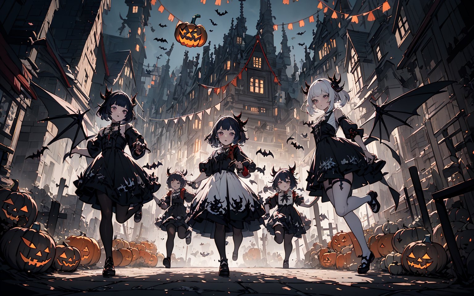 a group of anime characters ( genshin impact) running in the street of Fontaine, Halloween party, concept art, by Ryan Yee, pixiv, ! dream artgerm, wearing festive clothing, highly detailed cgsociety, ffxiv, official fanart behance hd, painting of, loli, from overwatch, banner, hd wallpaper, very cute,halloween