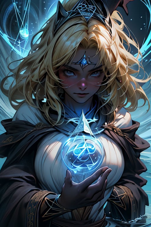 (masterpiece, best quality:1.4),(absurdres, highres, ultra detailed:1.4), (full shot:1.2) (1 gorgeous woman:1.4), (blonde hair:1.2), (large breasts:1.2),(((using dark magic:1.6))),water magic,playful illustrations, imaginative overlays, artistic fusion,(fantastical scenes), evocative narratives, striking visuals, upper body view,water,yushuishu