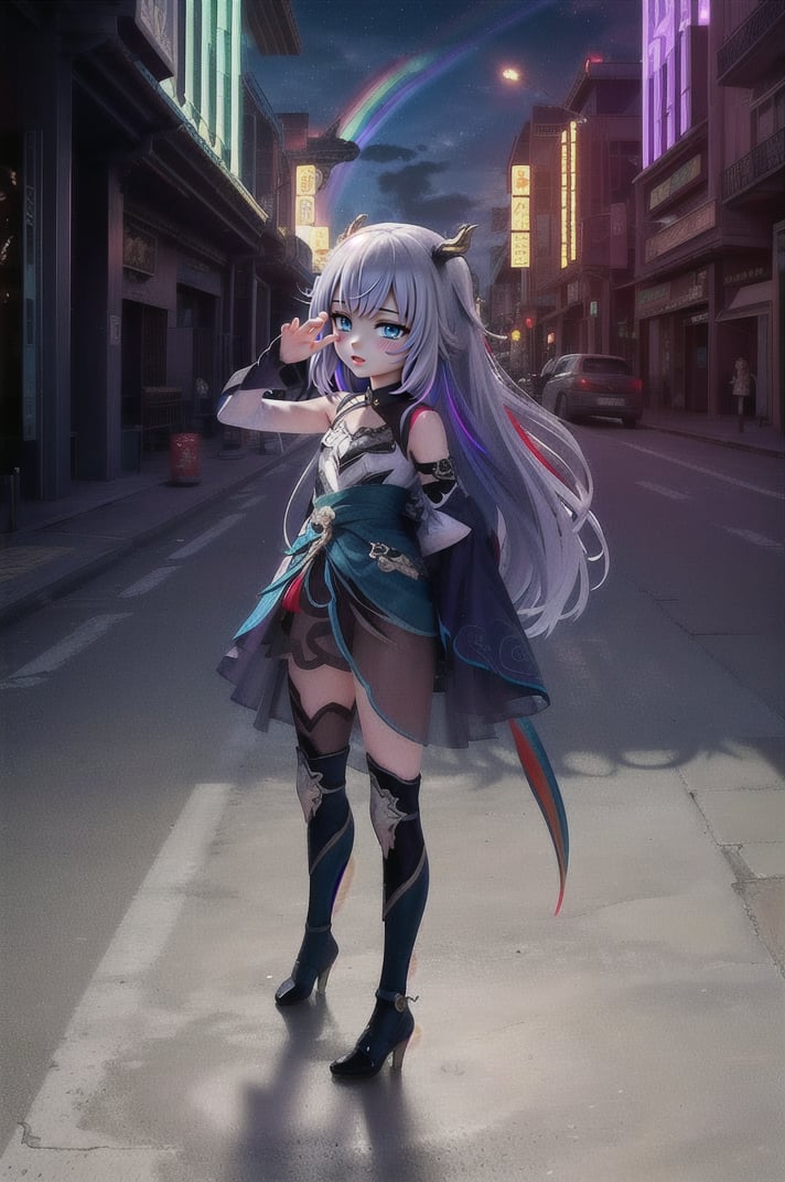 (masterpiece), best quality, expressive eyes, perfect face, (small brests), white hair, ((((blue and red eye)))), ((full body)), black and blue Dragon horns, (((((shadow outfit))))), (((shadow outfit))), small body, long hair, ((kid body)), (1 girl), (((futuristic city background))), (sexual pose), ((((rainbow lights details on the outfit)))), ((green details)), ((yellow details)), shadow, black silhouette, shadow of,aura of shadows, ((Blue details)), ((red details)), ((black armored shadow outfit))