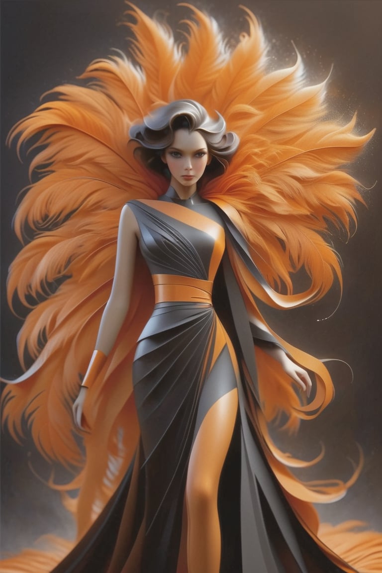 (masterpiece), Slender woman holds a fan of natural Orange ostrich feathers in her hand, (she places the open fan of Orange ostrich feathers on her waist, as if it were a belt. This highlights her figure and her style), The image has A geometric art style, with simple shapes and solid colors, which give it an elegant and sober look, real and detailed, highlights the color of your eyes, the image must be high impact, the background must be dark and contrast with the figure of the girl, The image must have a high detail resolution of 8k, (full body), (artistic pose of a woman),Leonardo Style,A girl dancing,Face makeup,DonMM4g1cXL ,darkart,orbstaff,DonMD34thM4g1cXL