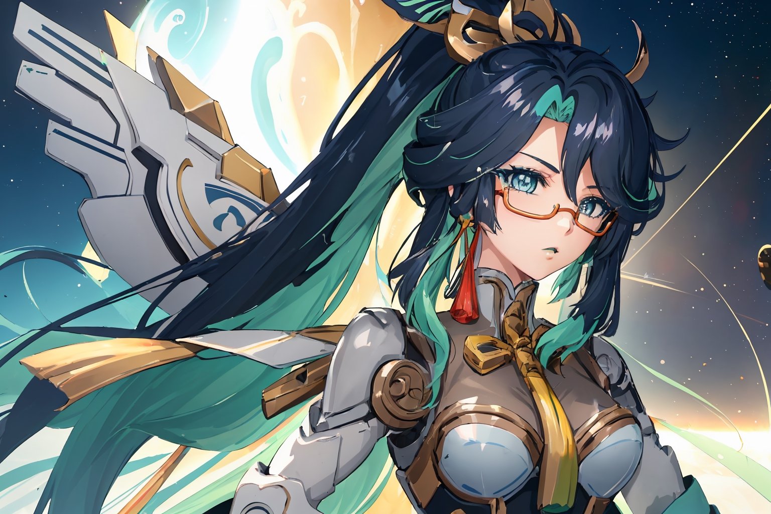 perfect face, bright pupils, (finely detailed beautiful eyes:1.1), blue eyes, shiny skin, lustrous skin, wide hips, narrow waist, long hair, glasses, semi-rimless eyewear, ponytail, multicolored hair(black and green), hair ornament, earrings, upper body,1girl, solo, ((mecha armor, robot, mechanical wings, galaxy, space)), xianyun, low twintails,long hair,valsione r