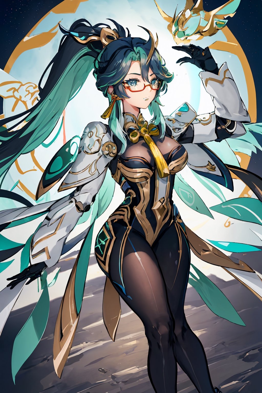 perfect face, bright pupils, (finely detailed beautiful eyes:1.1), blue eyes, shiny skin, lustrous skin, wide hips, narrow waist, long hair, glasses, semi-rimless eyewear, ponytail, multicolored hair(black and green), hair ornament, earrings, full body,1girl, solo, (mecha armor, robot, mechanical wings, galaxy, space), xianyun, low twintails,long hair,valsione r