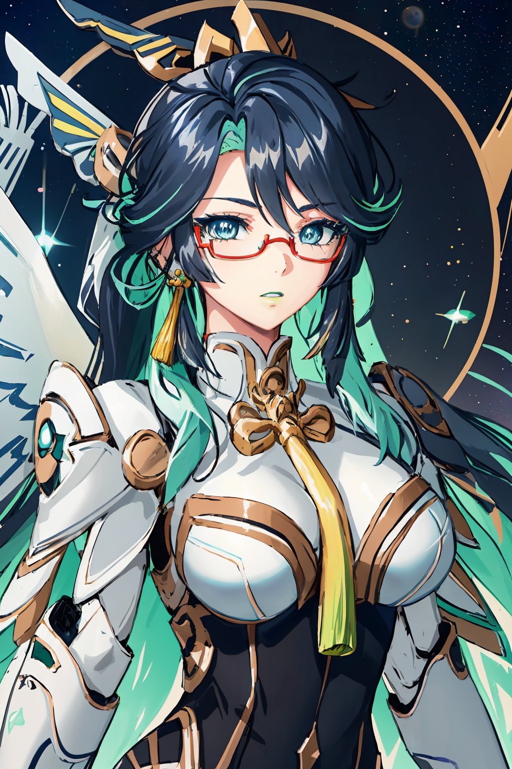 perfect face, bright pupils, (finely detailed beautiful eyes:1.1), blue eyes, shiny skin, lustrous skin, wide hips, narrow waist, long hair, glasses, semi-rimless eyewear, ponytail, multicolored hair(black and green), hair ornament, earrings, upper body,1girl, solo, ((mecha armor, robot, mechanical wings, galaxy, space)), xianyun, low twintails,long hair,valsione r