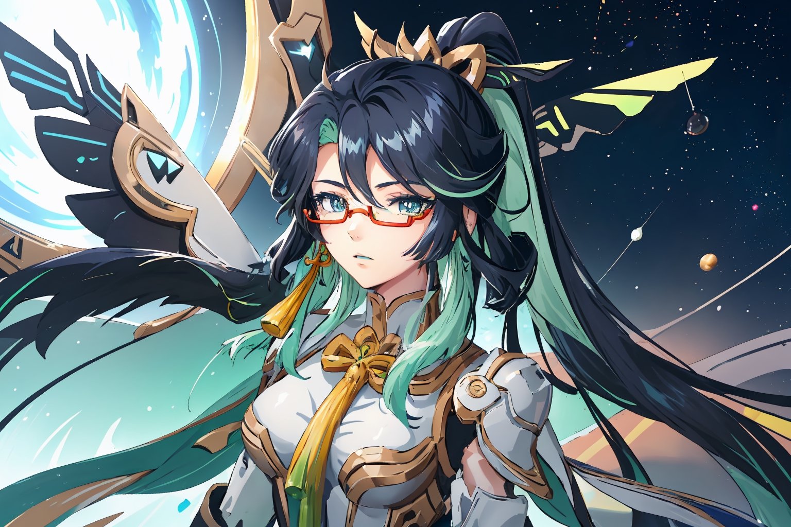 perfect face, bright pupils, (finely detailed beautiful eyes:1.1), blue eyes, shiny skin, lustrous skin, wide hips, narrow waist, long hair, glasses, semi-rimless eyewear, ponytail, multicolored hair(black and green), hair ornament, earrings, upper body,1girl, solo, ((mecha armor, robot, mechanical wings, galaxy, space)), xianyun, low twintails,long hair,valsione r