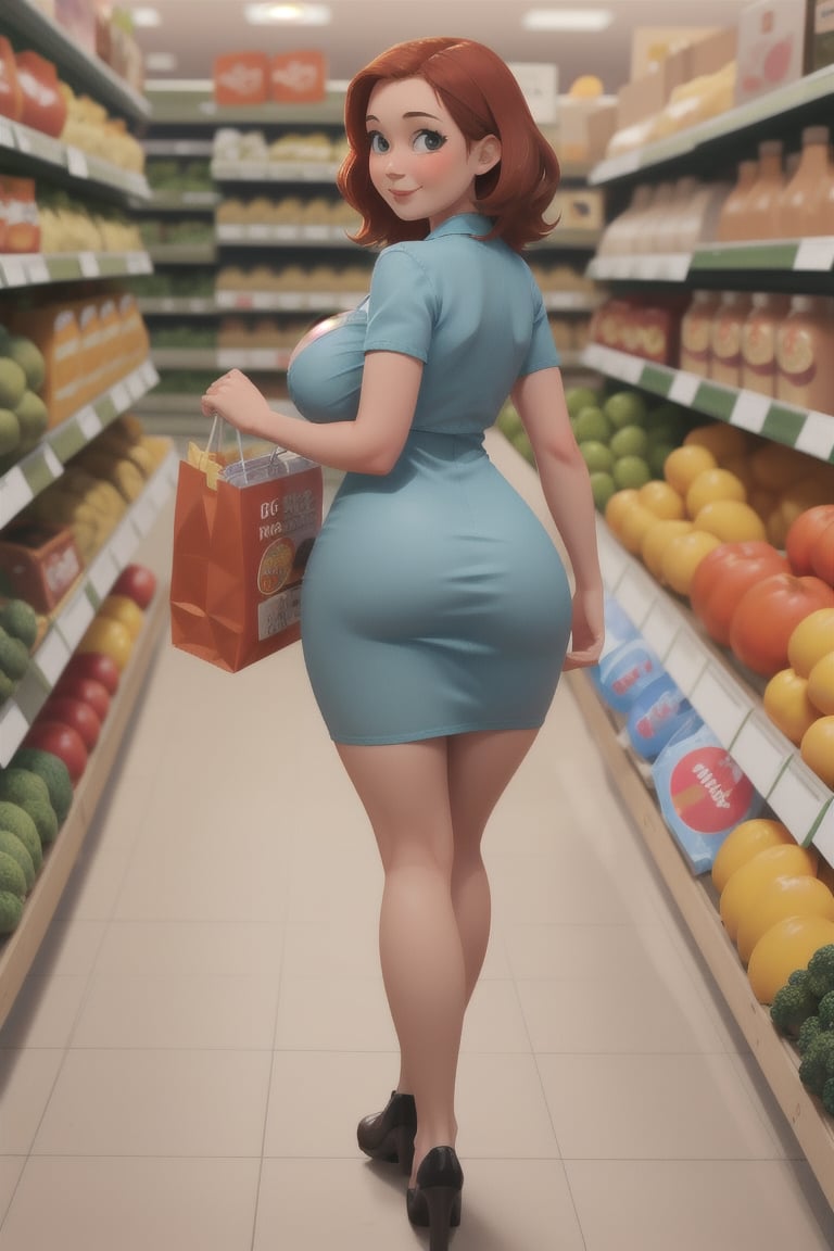 A housewife, (Big Breast),(big Ass),(Thick Legs),(Cute Dress), walking at the groceries store, She turns around, looks back and smiles, Good Anatomy