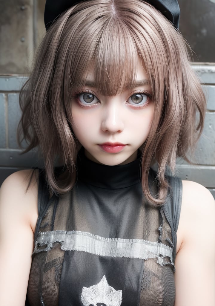 Kyary Pamyu Pamyu's fusion with 20-year-old Angel Olsen: A close-up shot frames oversized eyes, radiating anger as she presents a fierce expression, strung out, backdrop of dirty concrete walls. Dull industrial tones,(hlfcol haired girl with color1 and col)