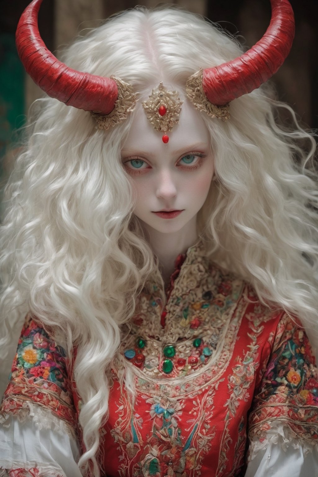 An albino devil girl (long intricate horns:1.2) in traditional Persian costume, endlessly beautiful emerald eyes, her ethereal presence accentuated by the transparency of her pale skin, her striking red eyes radiating an otherworldly glow,
Break
Wrapped in the vibrant colors and intricate designs of her artistically embroidered blouse, colorful skirt, apron, and Sardinian folk costume in red and white tones, she exudes an enchanting allure that transcends the realms of fantasy and reality,photo_b00ster,dal