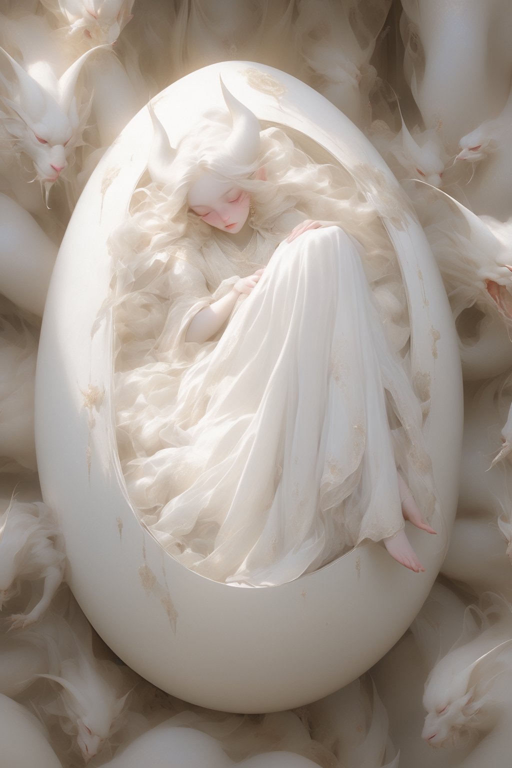 albino Persian  demon girl,lounging in an egg-shaped cradle. Her slender figure reclines comfortably within the smooth, curved interior, surrounded by the warmth and security of the eggshell. With eyes closed and a peaceful expression, she appears serene and content, her pale skin glowing softly in the gentle light. Long lashes frame her closed eyes, and her delicate features convey a sense of tranquility and beauty. Despite the unconventional setting, she exudes an aura of quiet grace and otherworldly charm