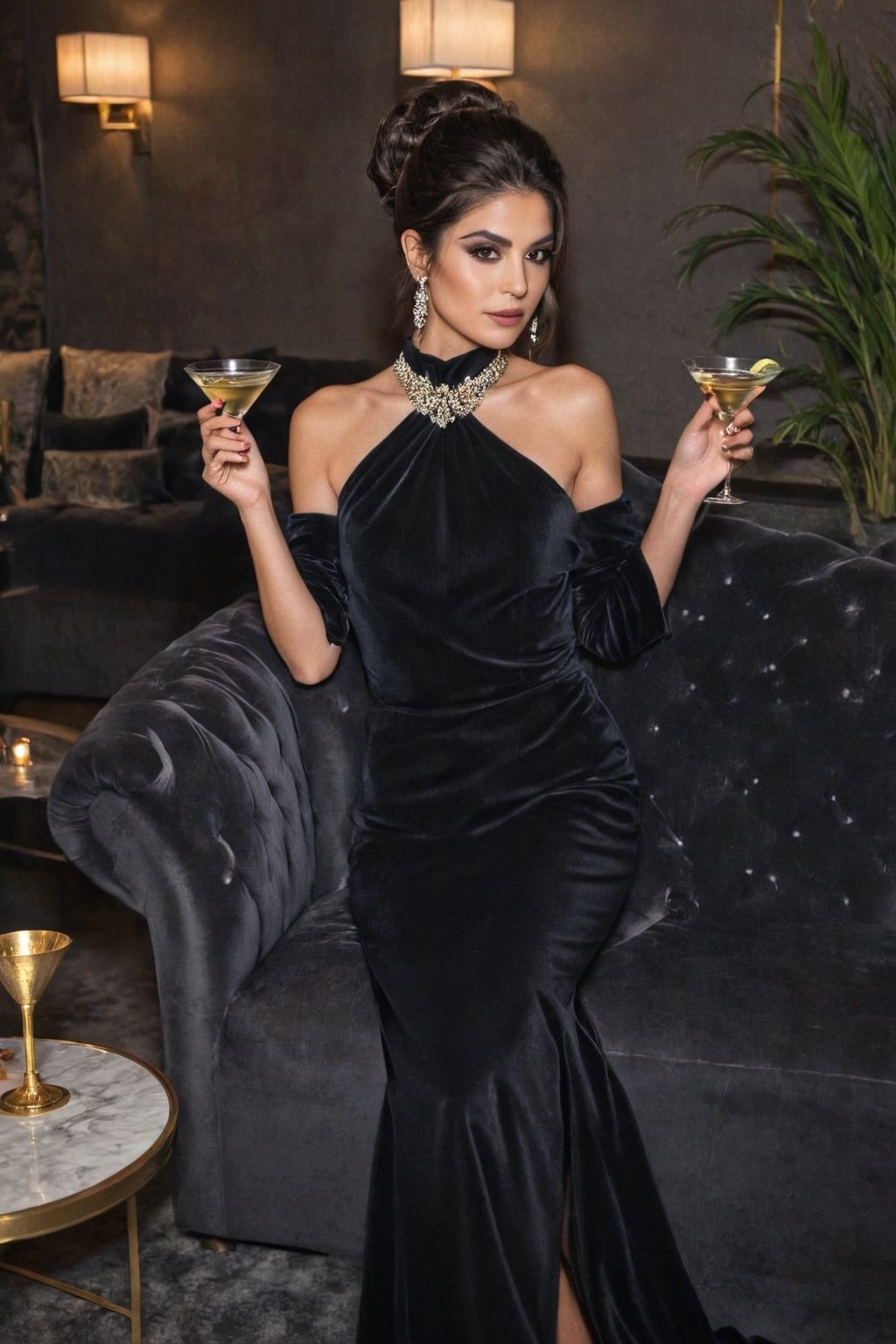 Generate hyper realistic image of an elegant Persian  with a sophisticated updo, smoky eyes, and a glamorous black evening gown, playfully sipping a martini in an upscale lounge with ambient lighting and plush velvet couches.
