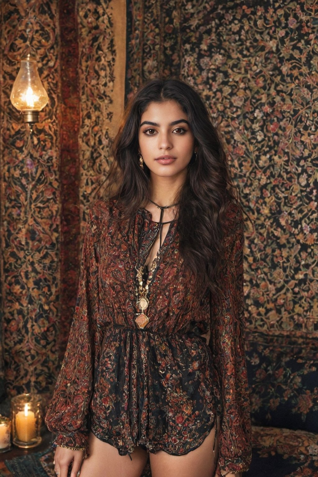 Generate hyper realistic image of a 20-year-old Persian woman in a bohemian-inspired, covered ensemble, celebrating her hourglass silhouette. Dark makeup complements her bold and playful character, capturing her carefree spirit at home.upper body shot.Extremely Realistic