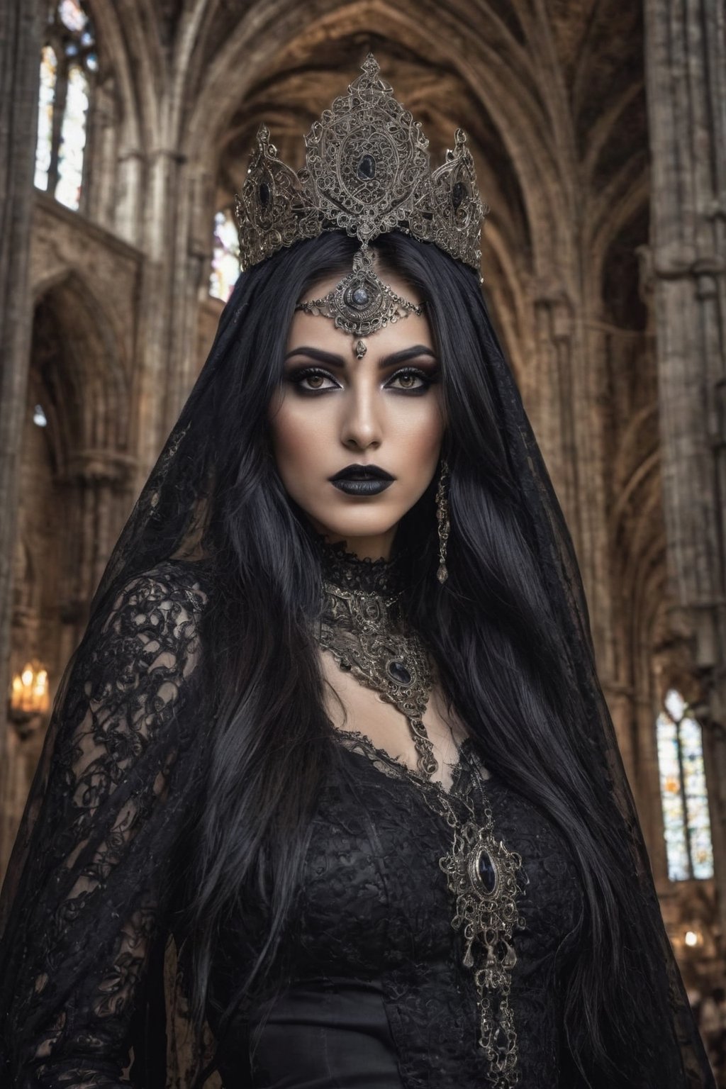 Generate hyper realistic image of a gothic  Persian goddess with intricate dark makeup, long flowing black hair, and dressed in gothic attire. She exudes mystery in the haunting ambiance of a cathedral.up close,REALISTIC