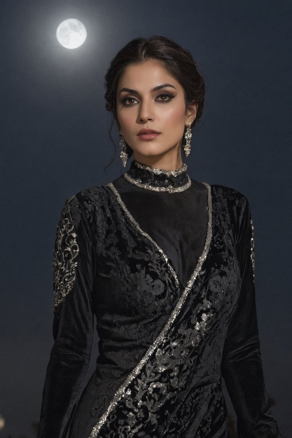 Generate hyper realistic image of a Persian  woman wearing a black velvet gown, adorned with silver accents, standing under the moonlight. Her dark, regal makeup adds a touch of gothic elegance to her rebellious and enchanting presence.upper body shot,Extremely Realistic