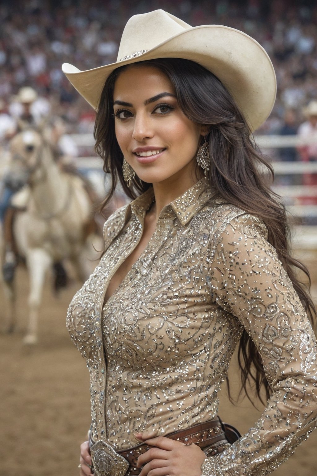 Generate hyper realistic image of  Persian woman in glamorous rodeo attire, wearing a bedazzled cowgirl hat and stylish rodeo queen outfit, her eyes reflecting the excitement of a bustling rodeo arena. upper body shot,Extremely Realistic