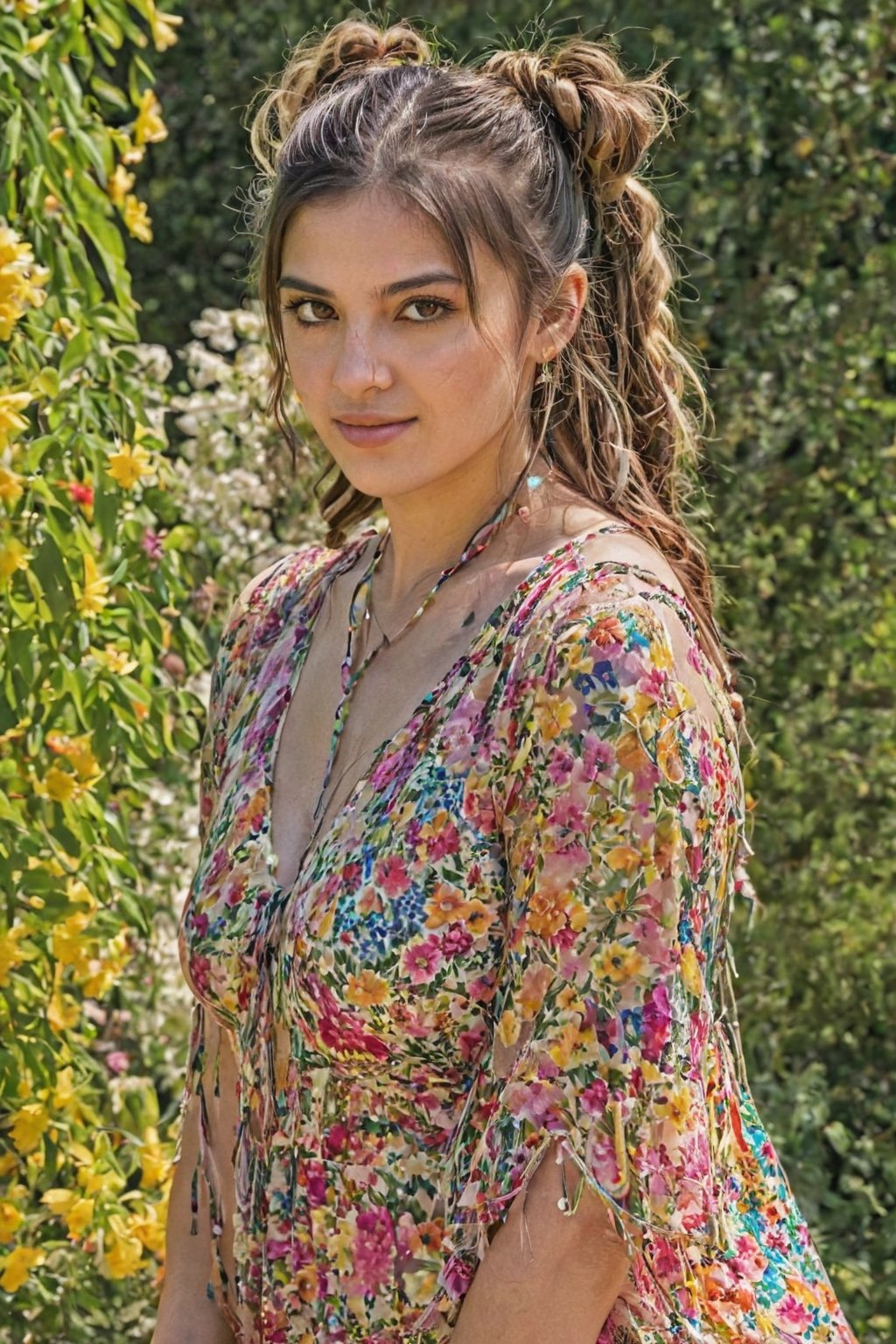 Generate hyper realistic image of a playful Persian  with charming braided pigtails, a sun-kissed complexion, and dressed in a boho floral maxi dress with fringe accessories. She teasingly poses amidst vibrant flowers in a sunlit and colorful garden.. up close